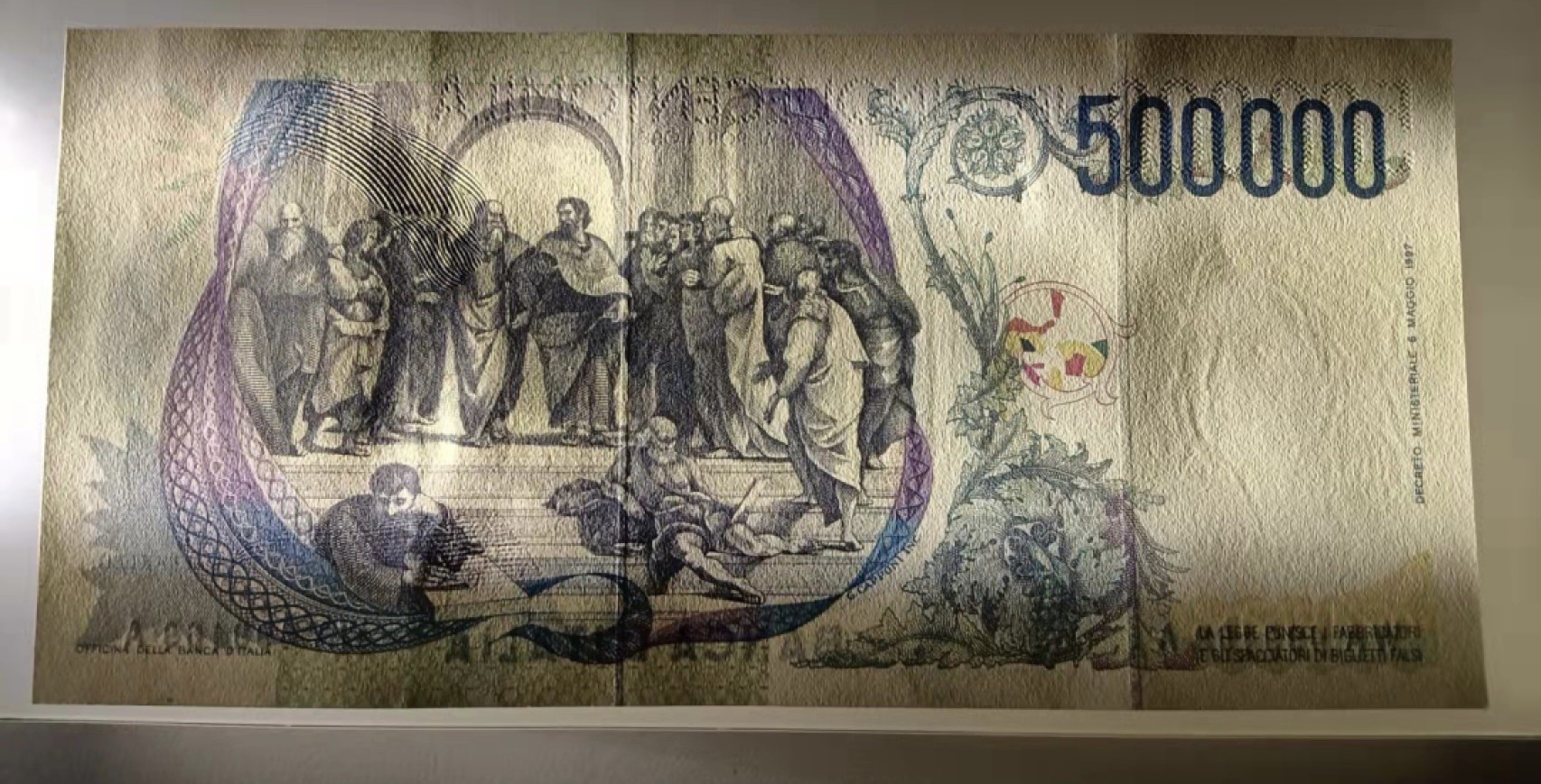 得物拍卖 Chase Auction  第2期 - -世界纸币精粹（二） 意大利500000里拉，品相AU或自己看图定义，边缘有一处微斑，经典拉斐尔！正面拉斐尔自画像和代表作《嘉拉提亚的凯旋》，背面代表作《雅典学园》！