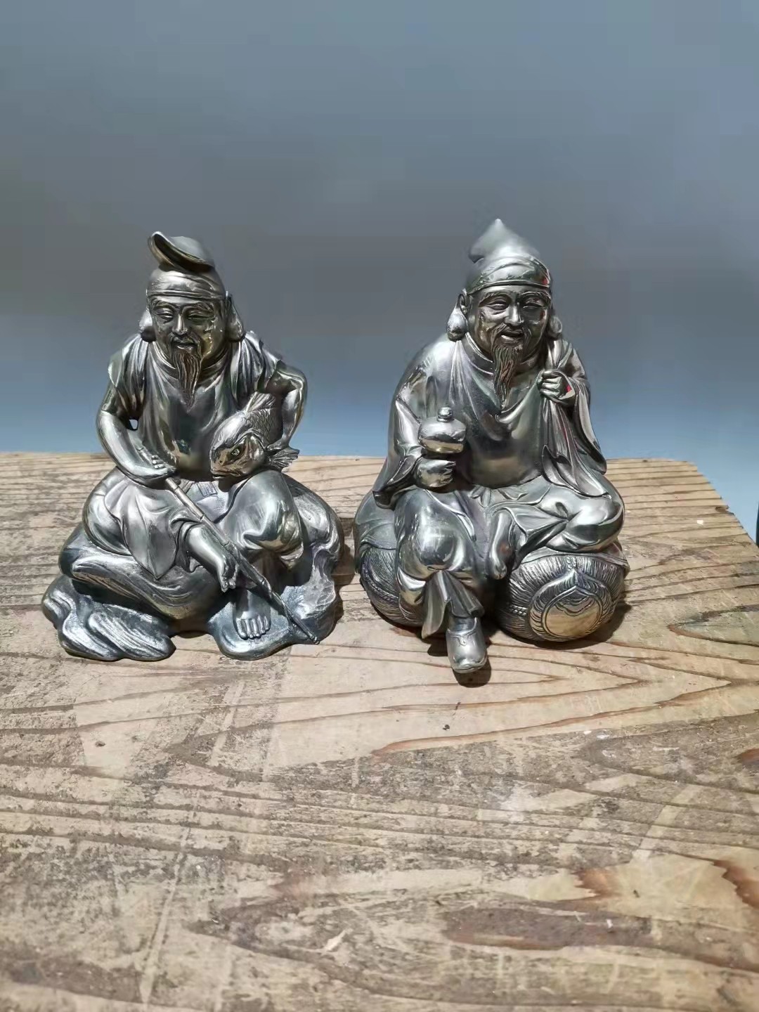 千器雅集—日本回流铜器臻藏 日本回流精品铜器——金工大家 高村光雲作   洋银大黑天财神惠比寿福神摆件一对