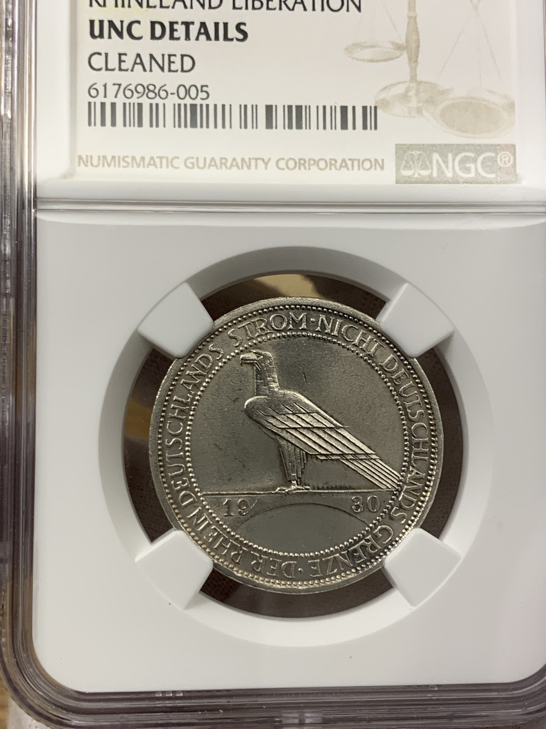 欧陆典藏，“币”定生辉，外币专场第一期 1930年德国魏玛3马克莱茵兰解放银币，好品细节到位。NGC-UND