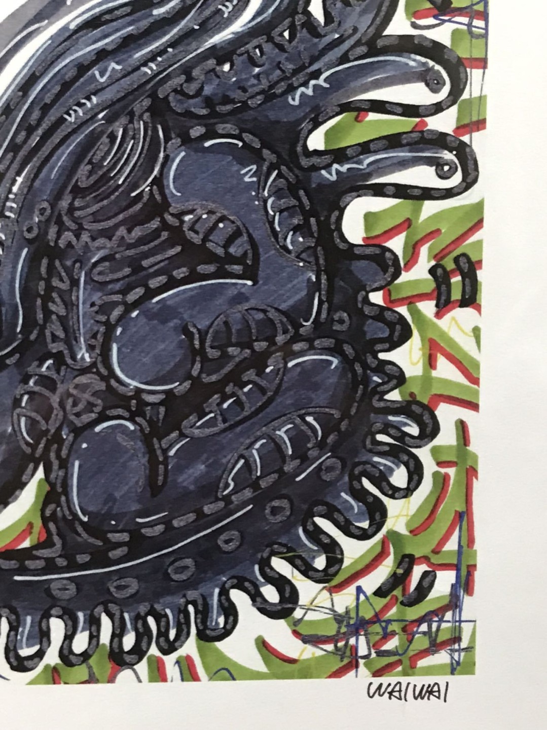 零元拍：歪歪亲笔签名 OWSON系列限量插画复制画《异形》，尺寸约22/22厘米，拍品不含镜框