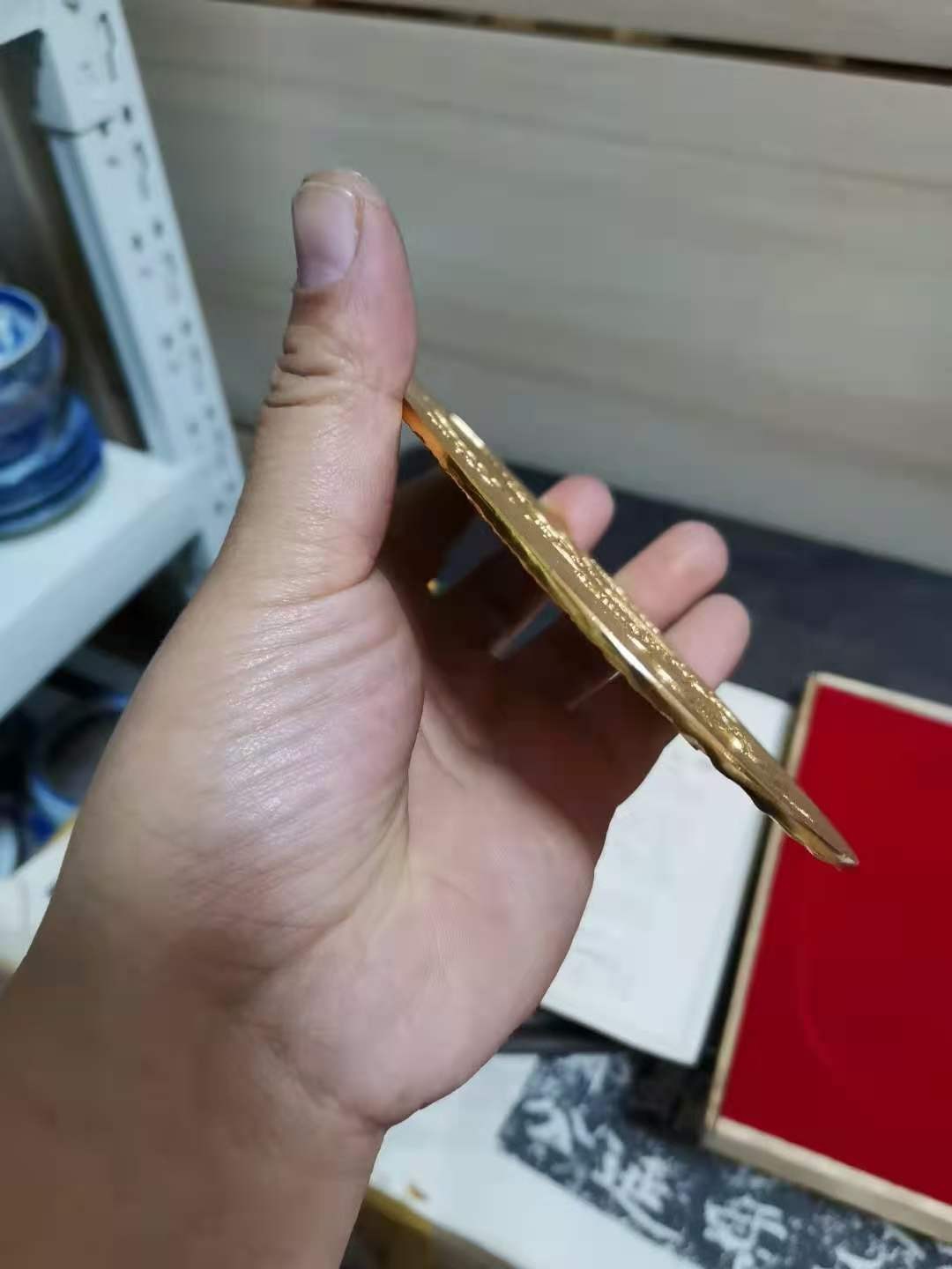 千器雅集—日本回流铜器臻藏 【原盒】铜镀24k金天正出世招福大判  摆件