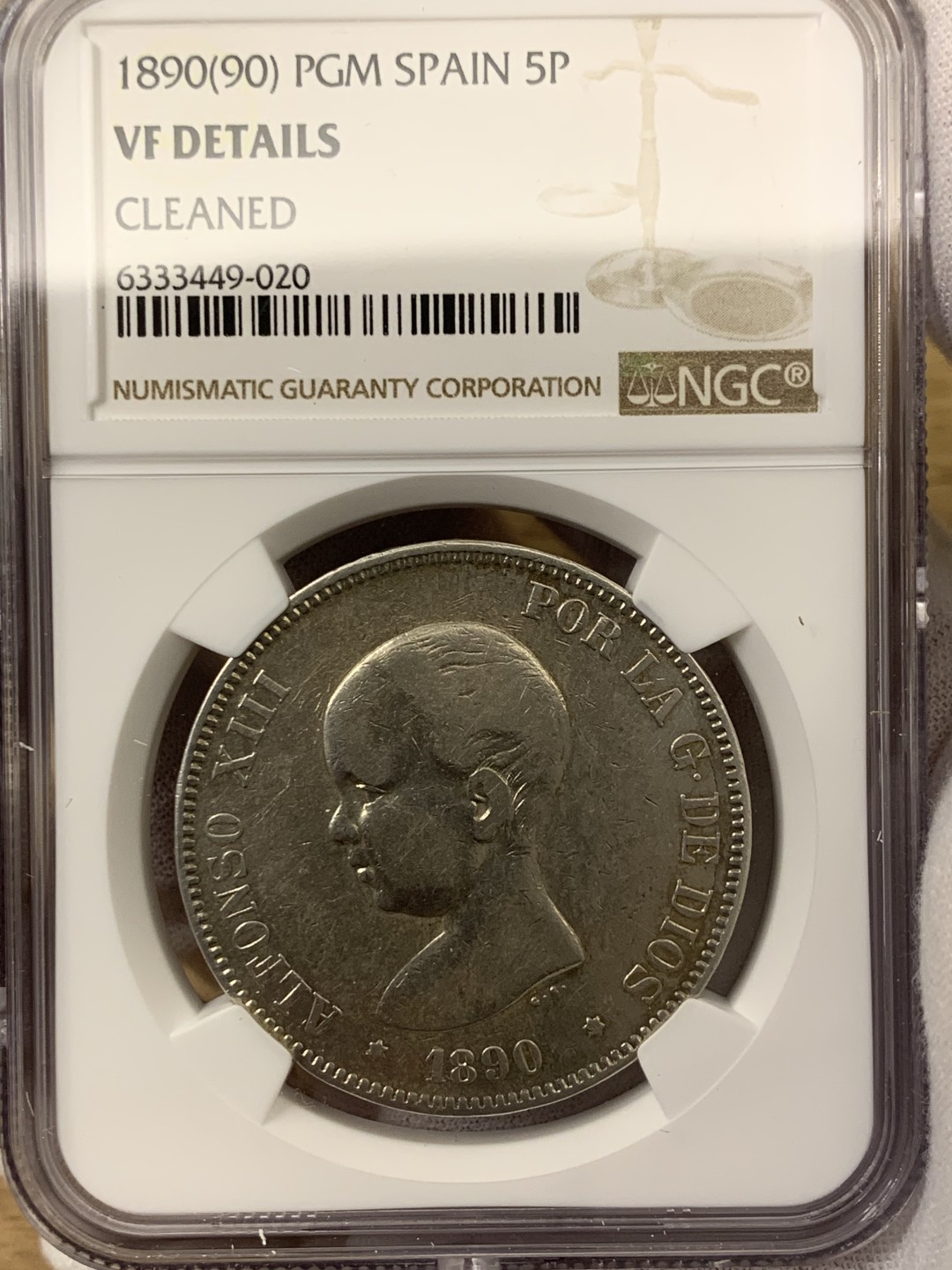 欧陆典藏，“币”定生辉，外币专场第一期 1890年西班牙阿方索十三世5比塞塔NGC-VFD