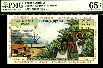 【Blue Auction】✨世界纸币精拍第162期——极致雕刻【精】（共70拍） - 【趣味号01313】法属安的列斯 1964年50法郎 PMG65EPQ 绝品 经典扛香蕉 少见