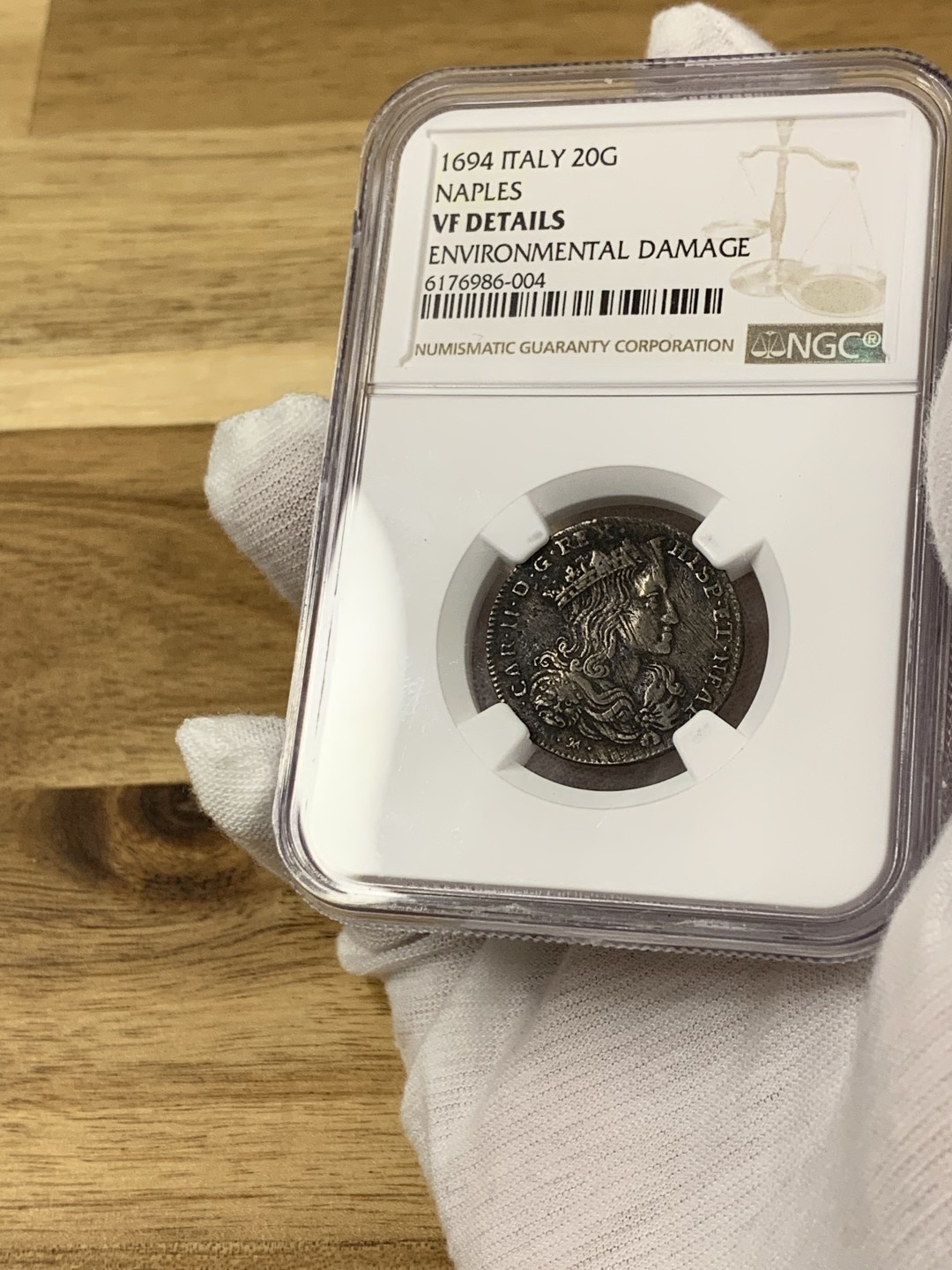 欧陆典藏，“币”定生辉，外币专场第一期 1694年那不勒斯-恶魔查理二世-西班牙最后一个哈布斯堡王朝。 西西里岛和撒丁岛的海外帝国的国王，米兰公爵，西班牙尼德兰的君主.稀少品。NGC-VFD