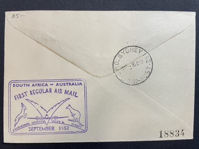 【南非】1952 澳大利亚至南非首航封 约翰内斯堡戳 悉尼落戳 背有纪念戳