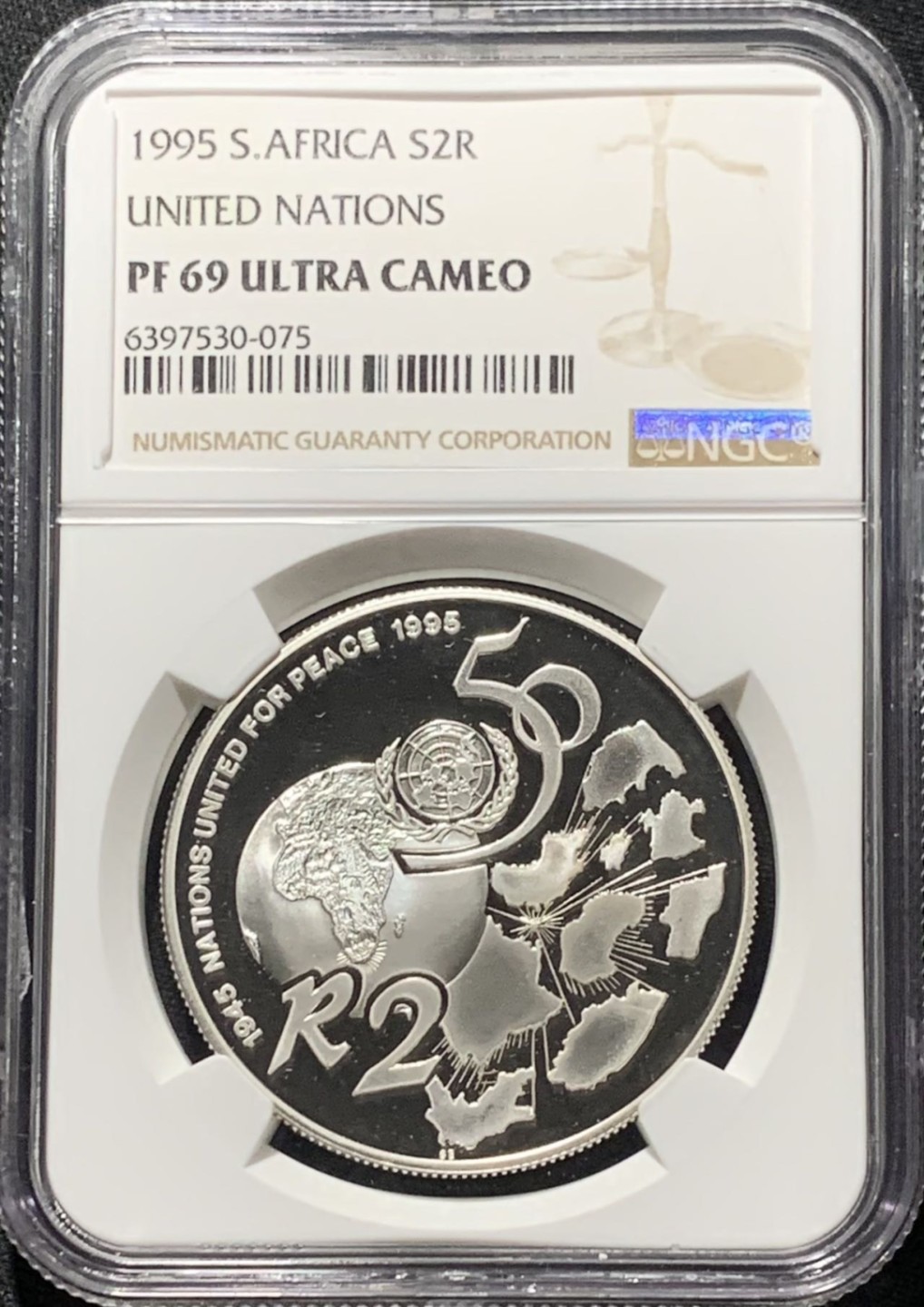 紫瑗钱币——第207期拍卖 南非 1995年 联合国成立50周年 2兰特 银币 NGC PR69 UC