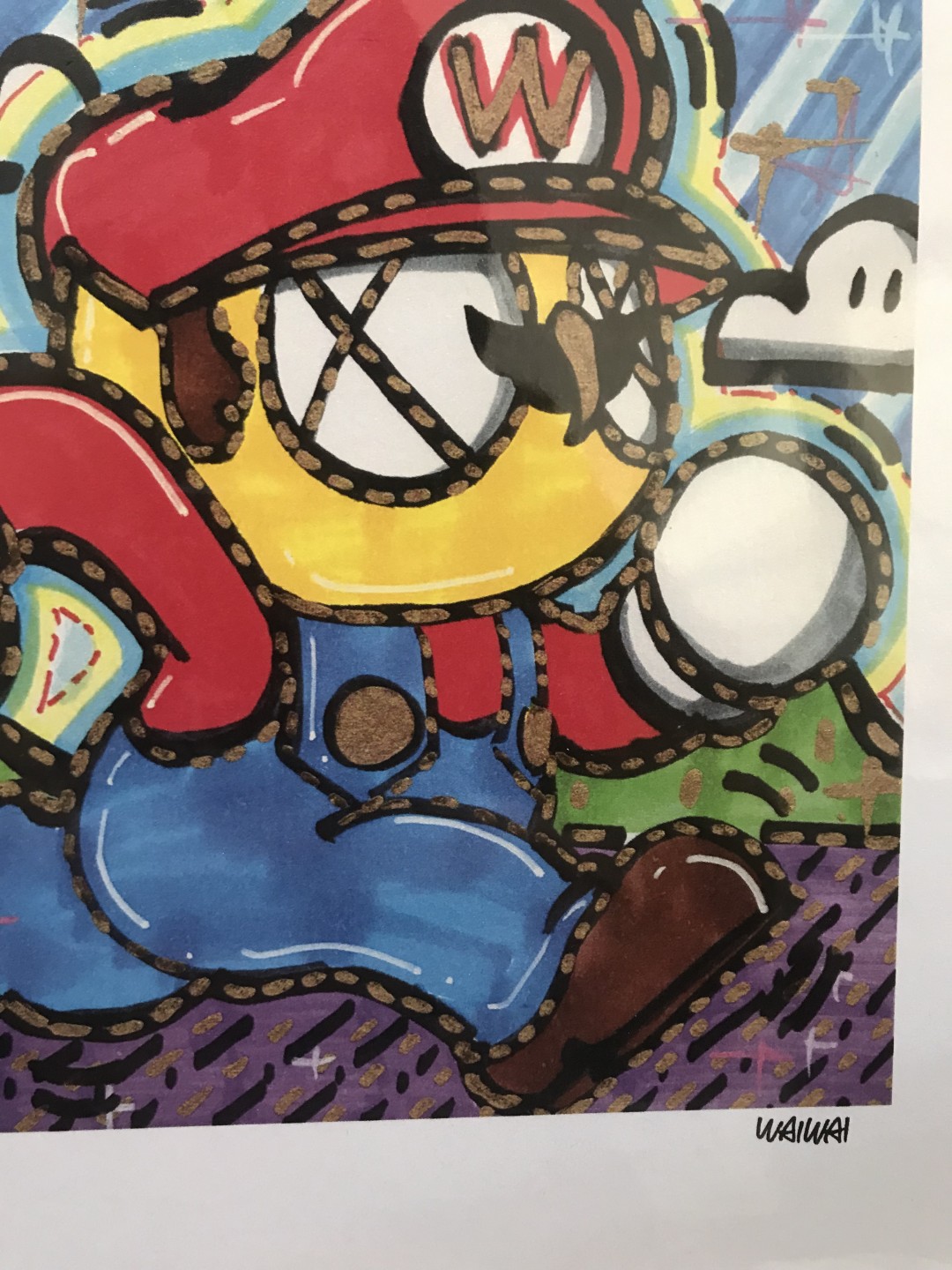 零元拍：歪歪亲笔签名 OWSON系列限量插画复制画《超级玛丽》，尺寸约22/22厘米，拍品不含镜框