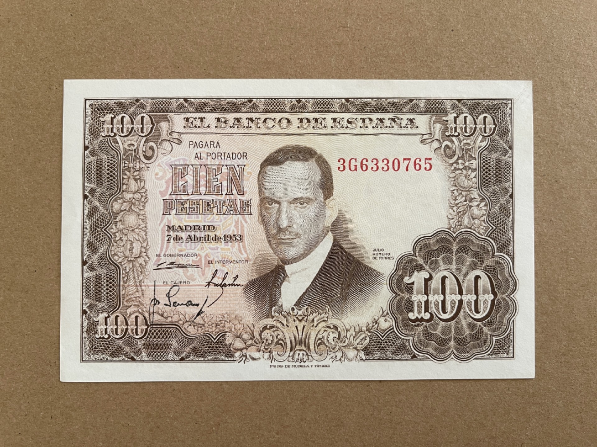 《张总收藏》50期——欧洲经典名誉品 西班牙100比塞塔 UNC 1953年