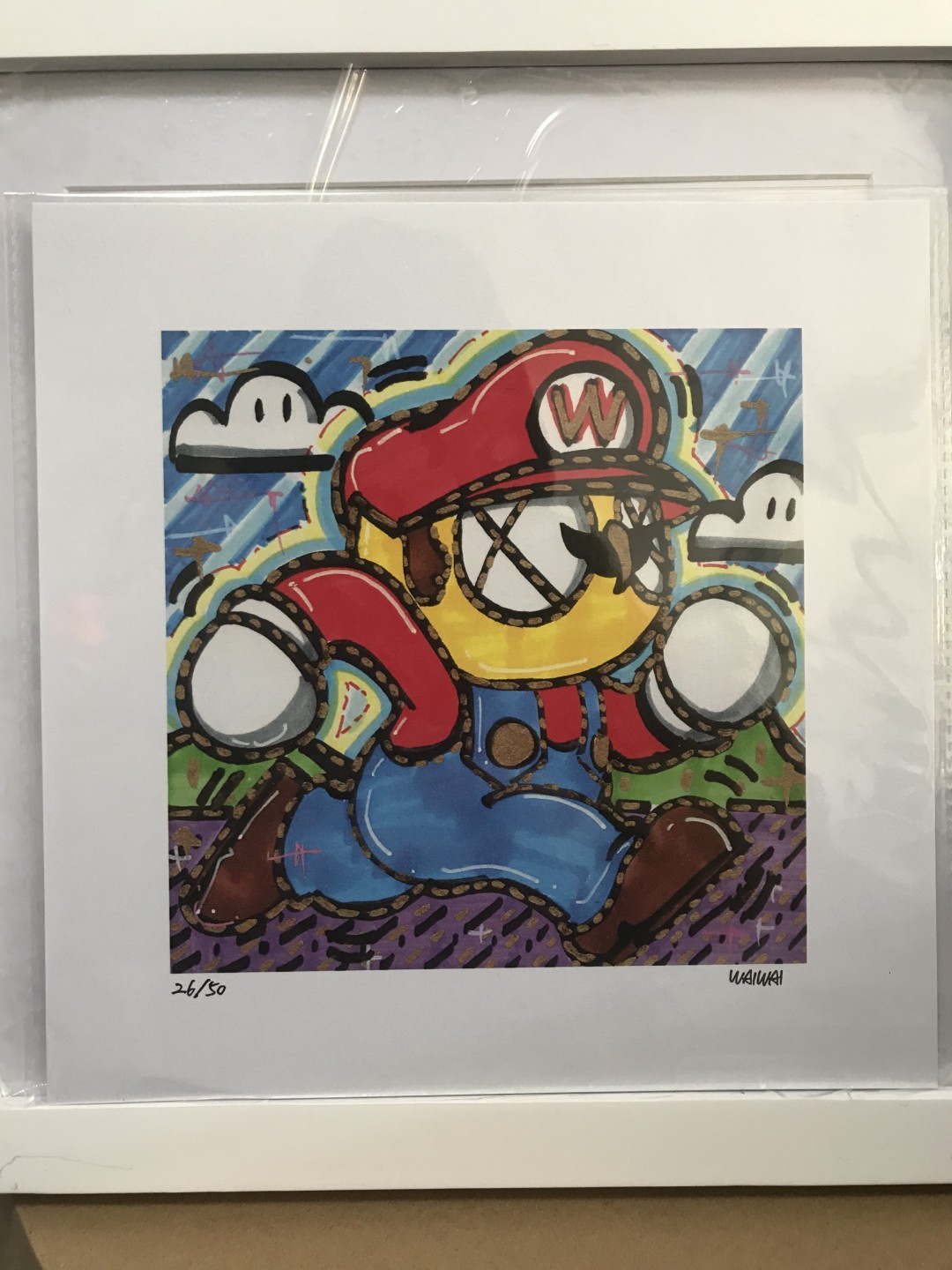 零元拍：歪歪亲笔签名 OWSON系列限量插画复制画《超级玛丽》，尺寸约22/22厘米，拍品不含镜框