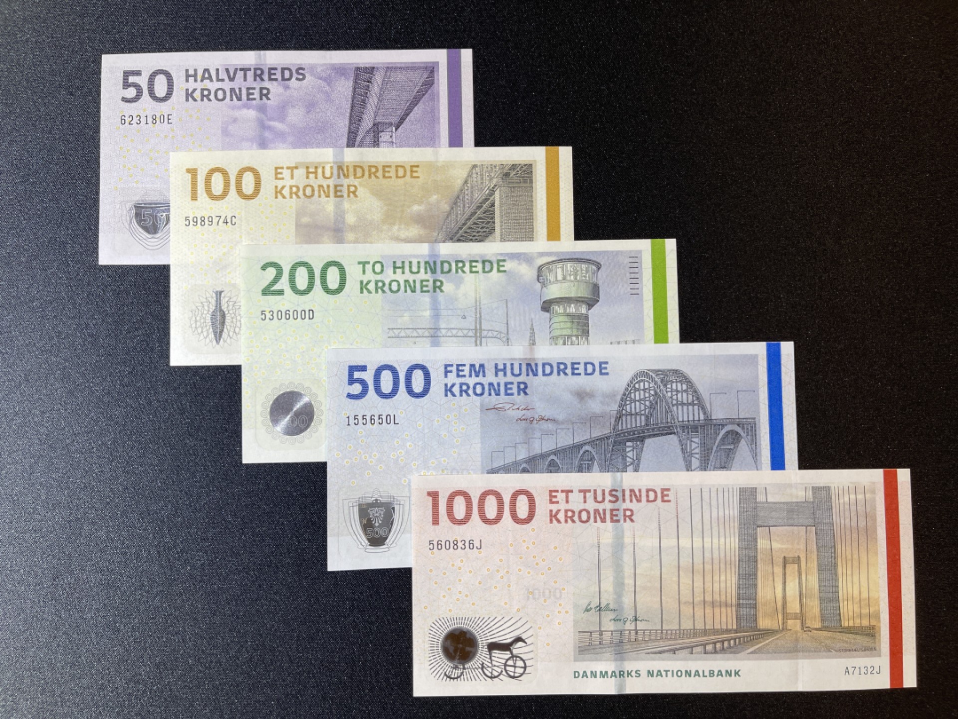 《张总收藏》50期——欧洲经典名誉品 丹麦50-1000克朗5枚一套 UNC 大桥版 适合评级