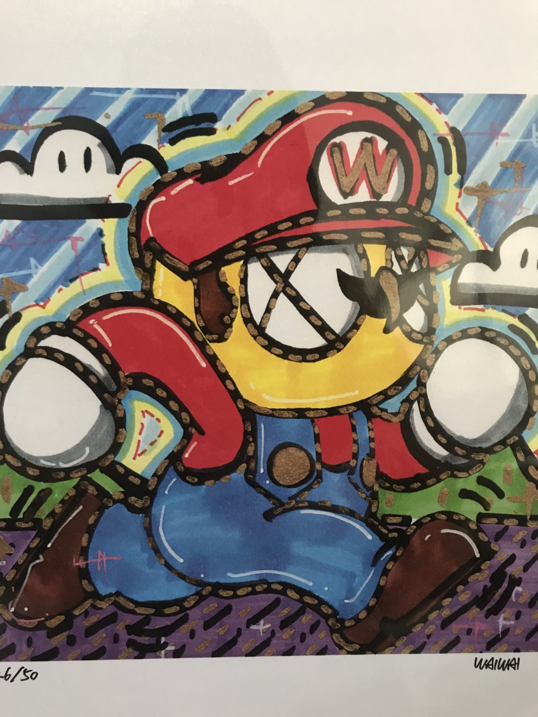 零元拍：歪歪亲笔签名 OWSON系列限量插画复制画《超级玛丽》，尺寸约22/22厘米，拍品不含镜框