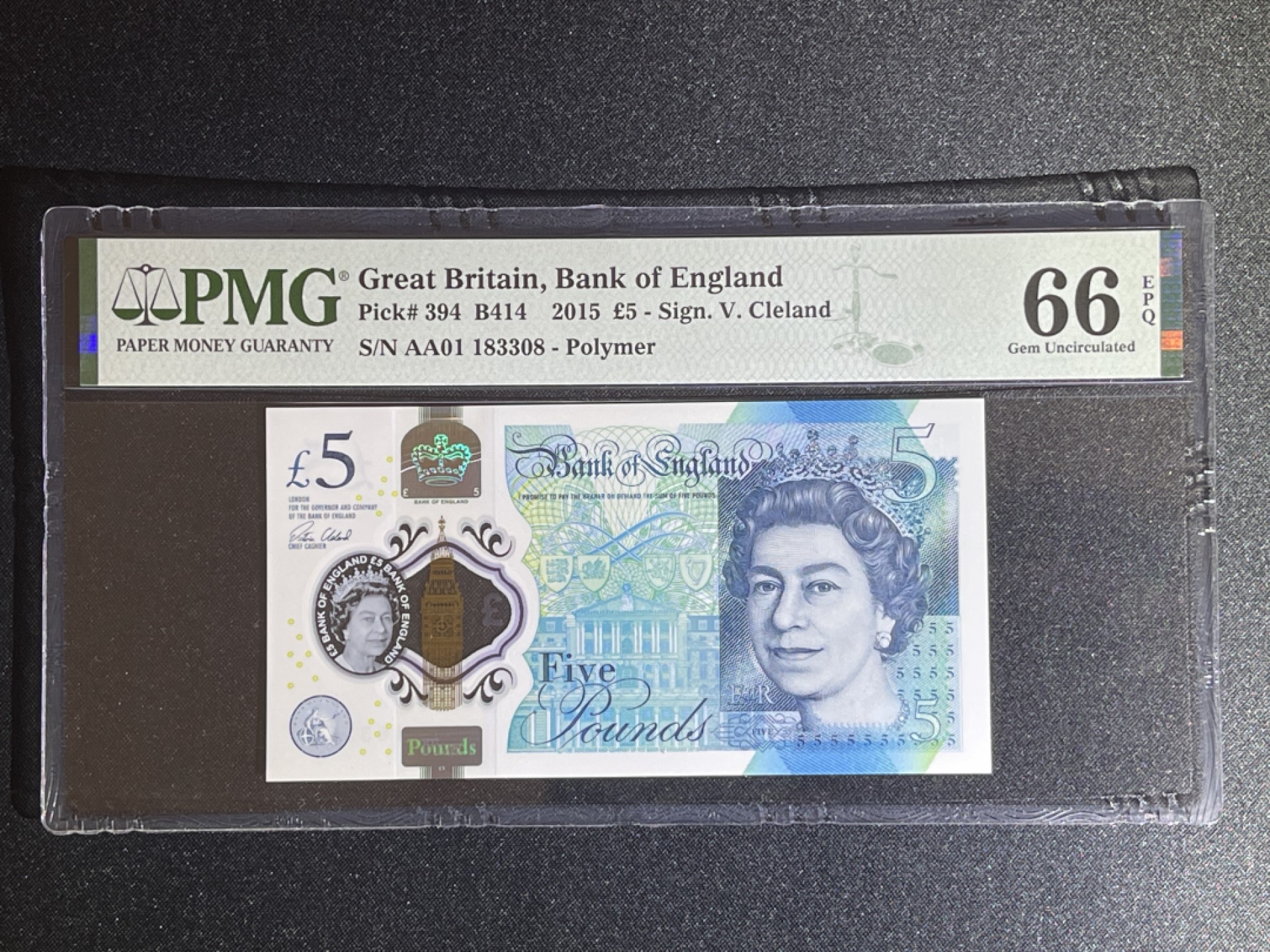 《张总收藏》50期——欧洲经典名誉品 英格兰5镑 PMG66E AA01冠 无47塑料钞