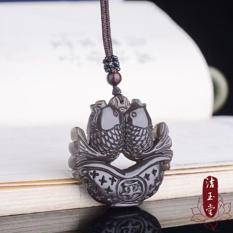 烟灰色玉吊坠镂空双鱼玉牌 男女玉器玉佩 年年有余挂件