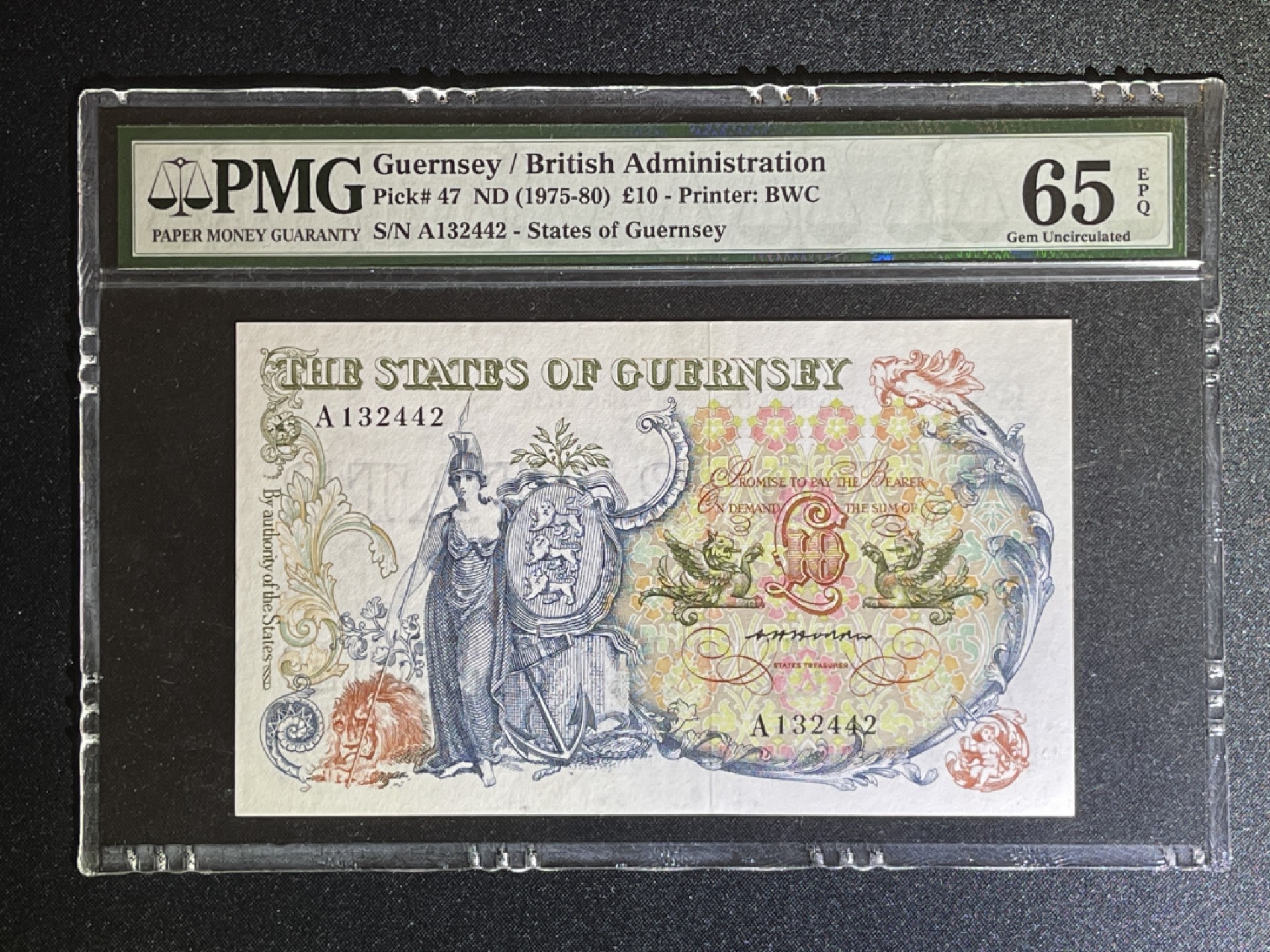 《张总收藏》50期——欧洲经典名誉品 根西岛10镑 PMG65E A冠花神 稀少版本 P-47