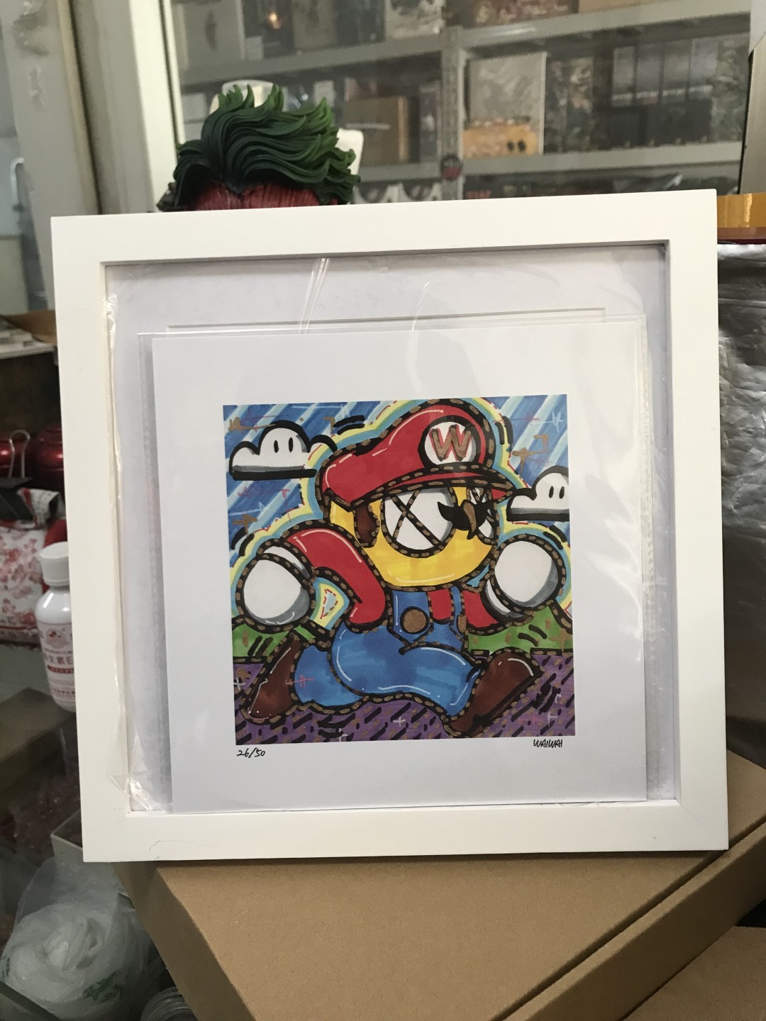 零元拍：歪歪亲笔签名 OWSON系列限量插画复制画《超级玛丽》，尺寸约22/22厘米，拍品不含镜框