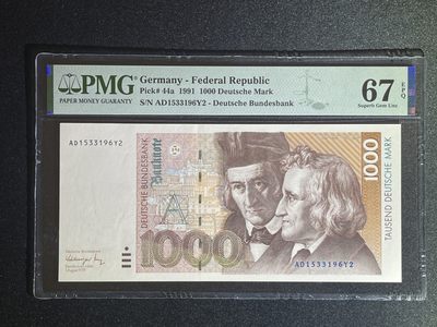 《张总收藏》50期——欧洲经典名誉品 - 德国1000马克 PMG67E 1991年首发 P-41a 德国童话大师格林兄弟 无47 冠军分