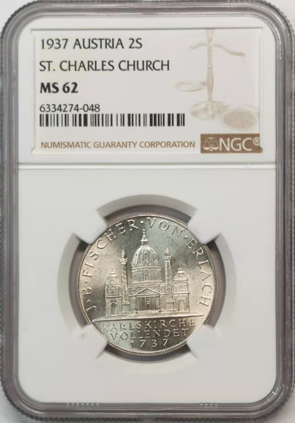 欧罗巴与亚细亚的春天奏鸣曲—凡希社世界钱币微拍第一百九十期 1937奥地利圣查理教堂2S银币NGC-MS62