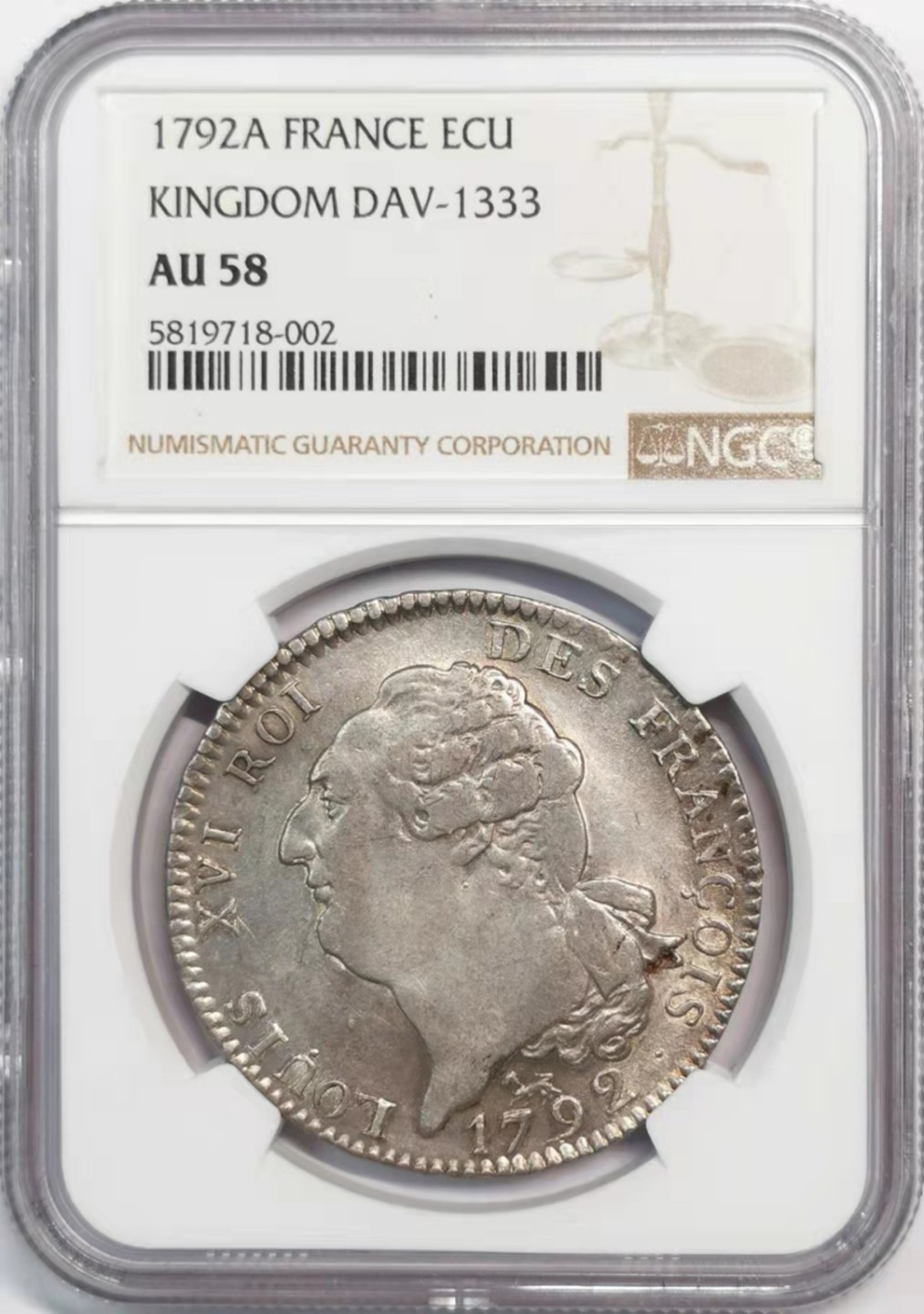 欧罗巴与亚细亚的春天奏鸣曲—凡希社世界钱币微拍第一百九十期 荐！1792法国路易十六天使埃居大银NGC-AU58