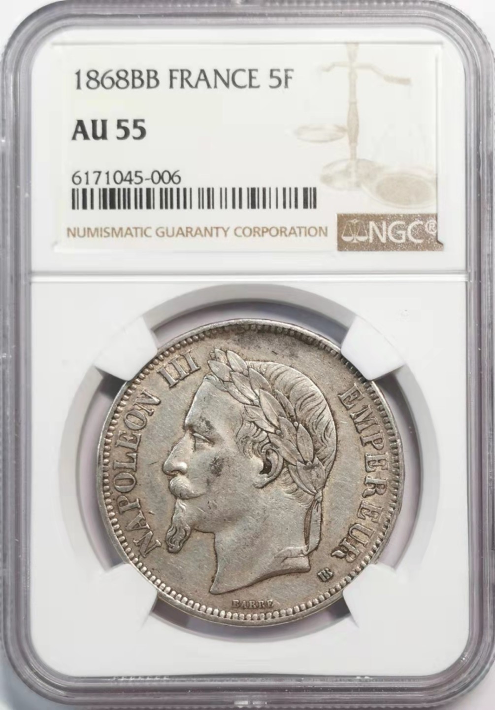 欧罗巴与亚细亚的春天奏鸣曲—凡希社世界钱币微拍第一百九十期 1868法国拿三5法郎大银NGC-AU55