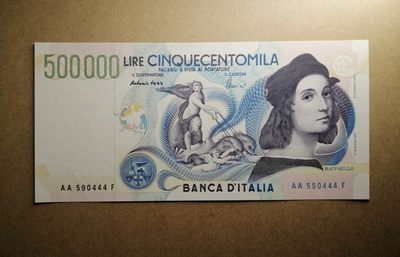 【Blue Auction】✨世界纸币精拍第163期——法属小精品（共82拍） - 【AA冠444豹子号少见】意大利 1997年50万里拉 全新UNC 经典拉斐尔