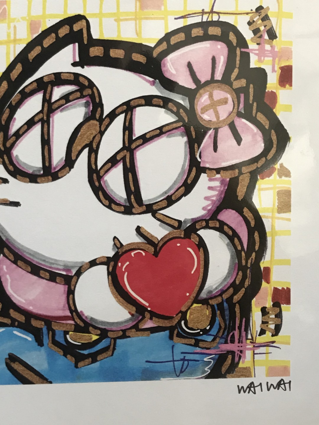 零元拍：歪歪亲笔签名 OWSON系列插画复制画《HELLO KITTY》，尺寸约22/22厘米，拍品不含镜框
