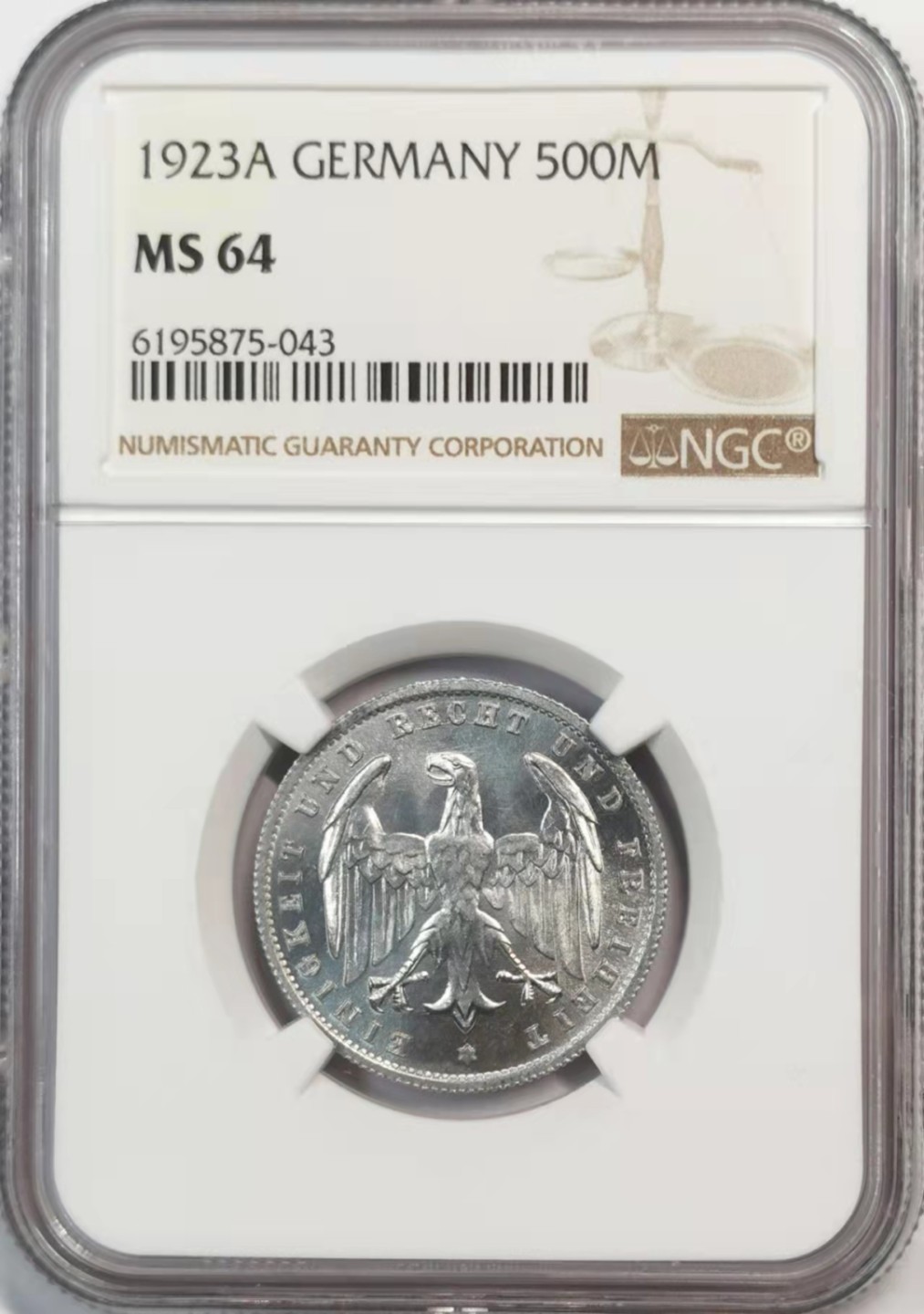 欧罗巴与亚细亚的春天奏鸣曲—凡希社世界钱币微拍第一百九十期 1923魏玛500马克铝币NGC-MS64
