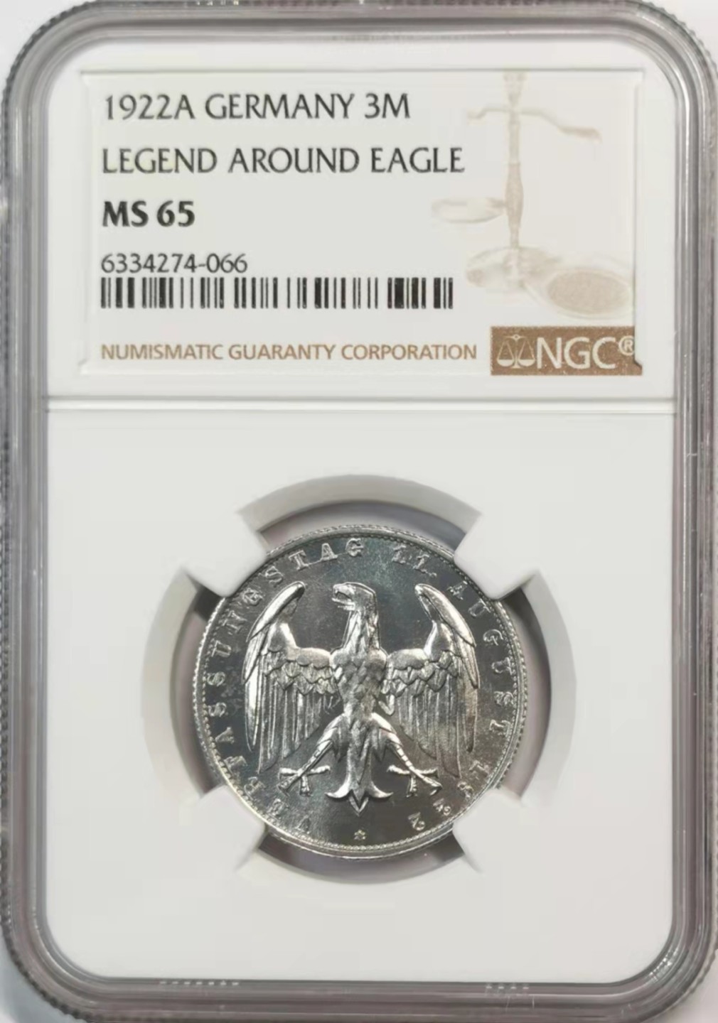 欧罗巴与亚细亚的春天奏鸣曲—凡希社世界钱币微拍第一百九十期 1922魏玛3马克铝币NGC-MS65