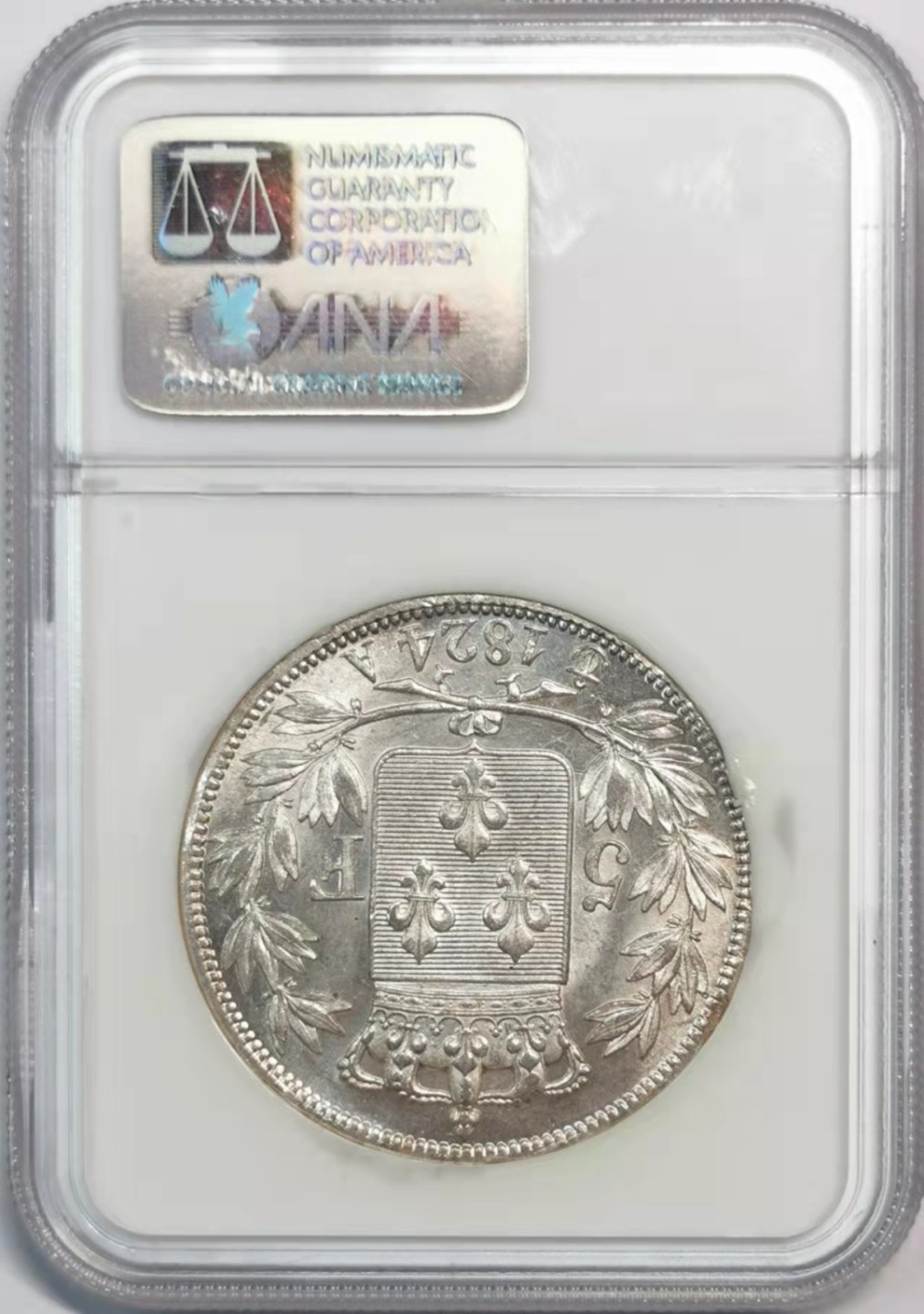 欧罗巴与亚细亚的春天奏鸣曲—凡希社世界钱币微拍第一百九十期 荐！1824A法国路易十八5法郎大银NGC-MS62原色银光！