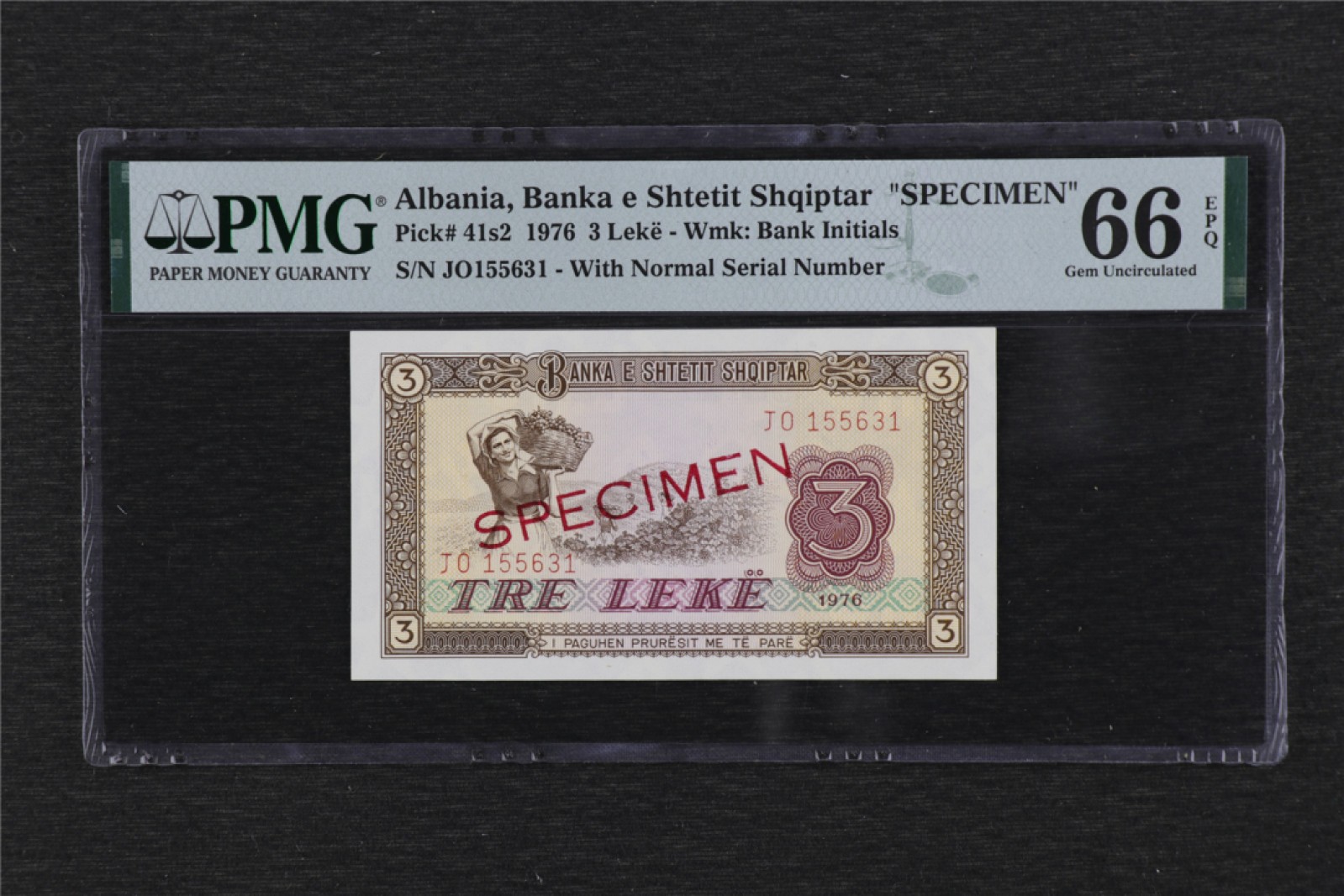 亘邦集藏 第106期 1976年 阿尔巴尼亚 票样 3 Leke PMG 66EPQ JO155631