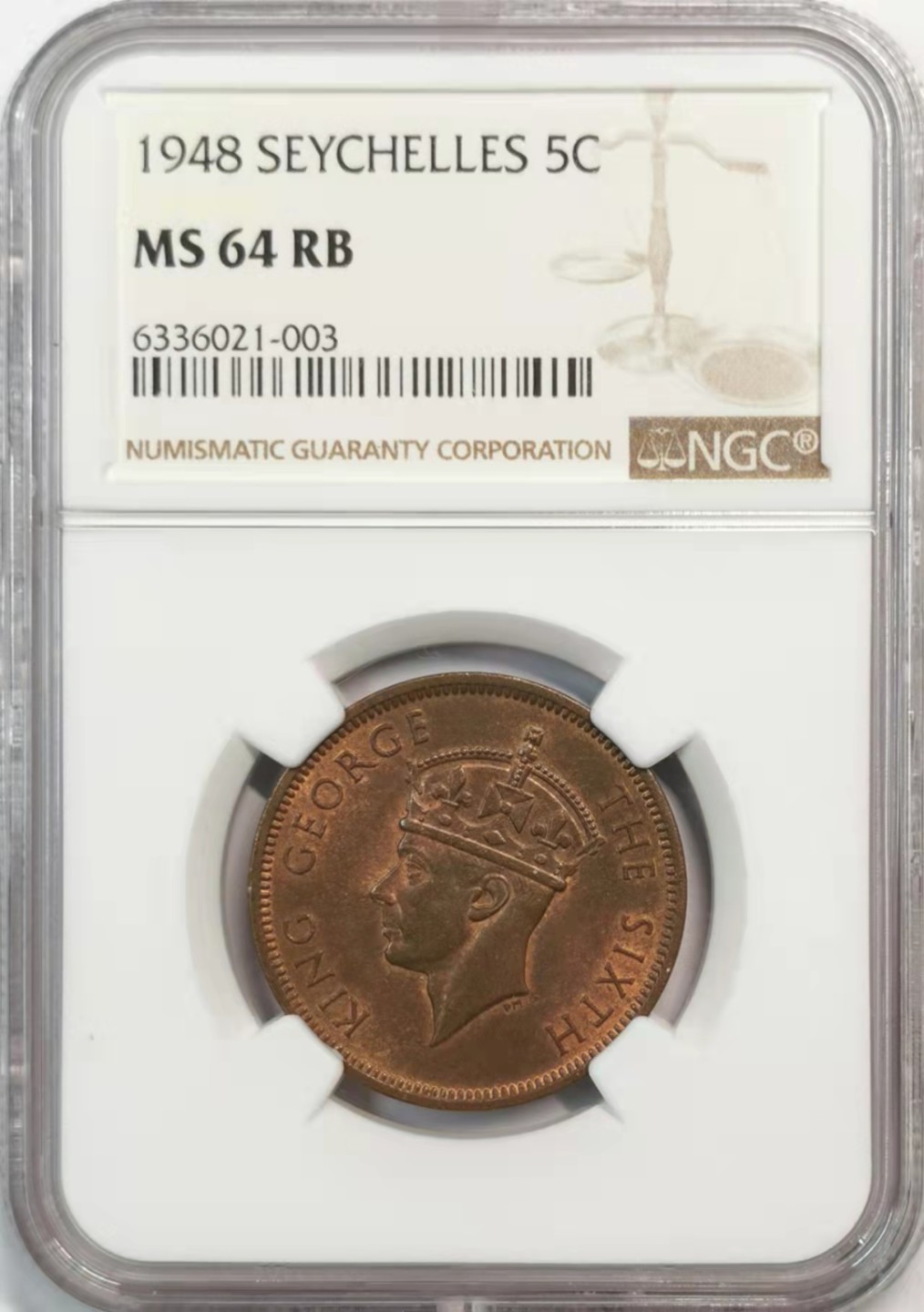 欧罗巴与亚细亚的春天奏鸣曲—凡希社世界钱币微拍第一百九十期 1948塞舌尔乔六5分NGC-MS64