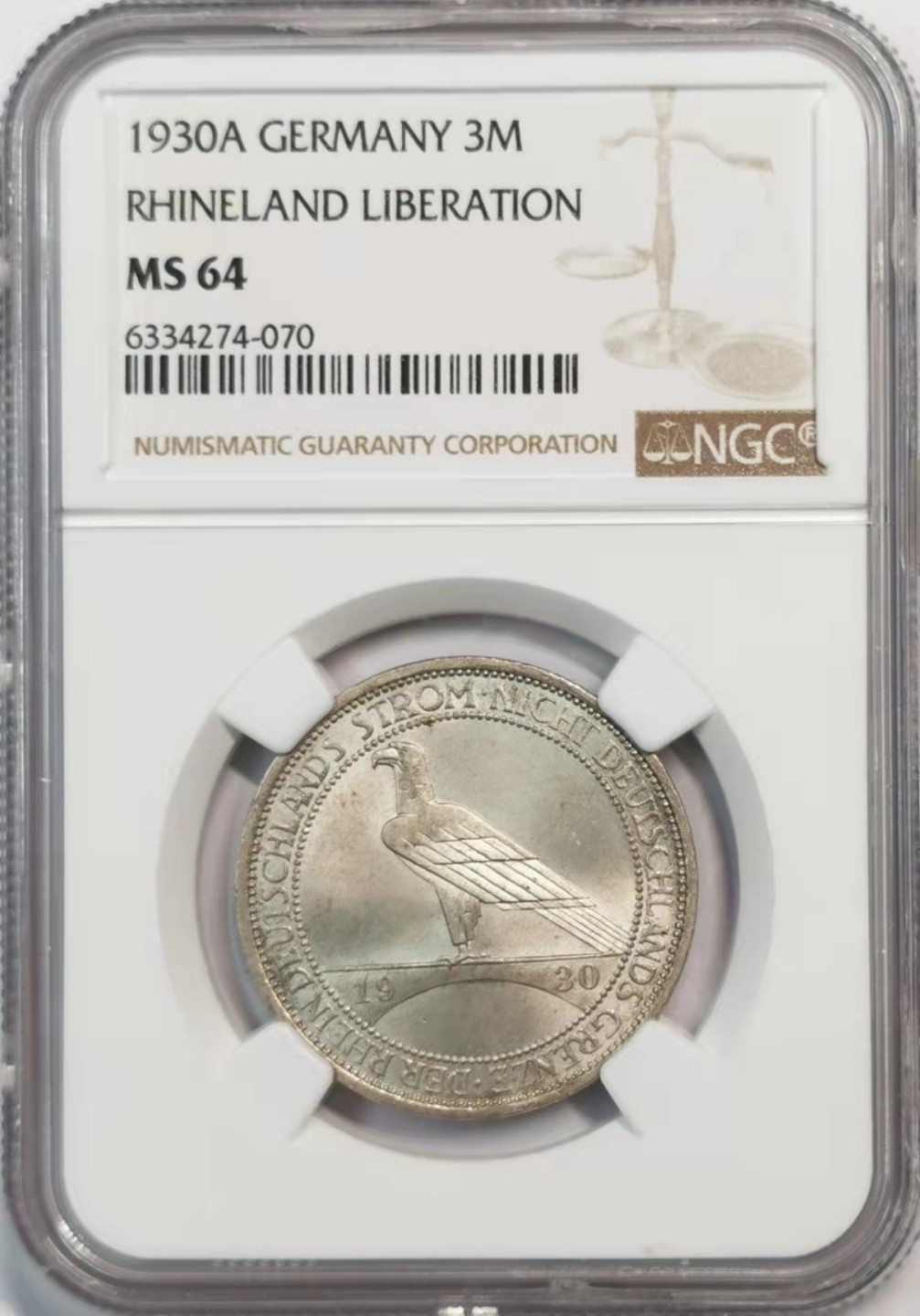 欧罗巴与亚细亚的春天奏鸣曲—凡希社世界钱币微拍第一百九十期 1930魏玛莱茵解放3马克银币NGC-MS64