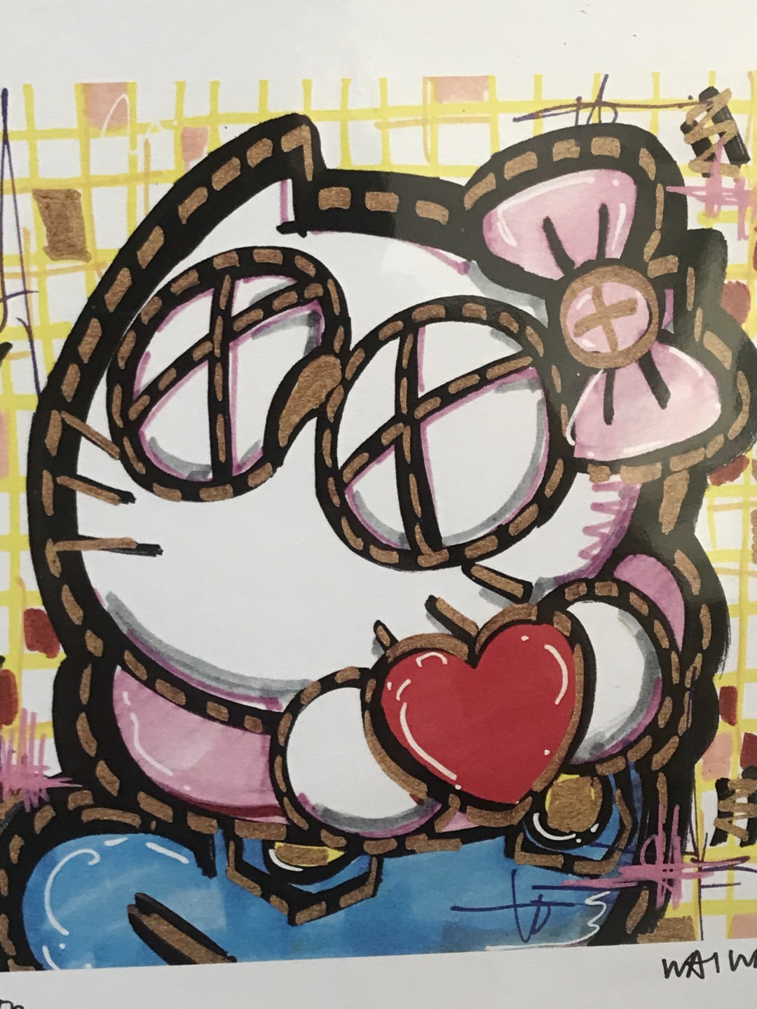零元拍：歪歪亲笔签名 OWSON系列插画复制画《HELLO KITTY》，尺寸约22/22厘米，拍品不含镜框