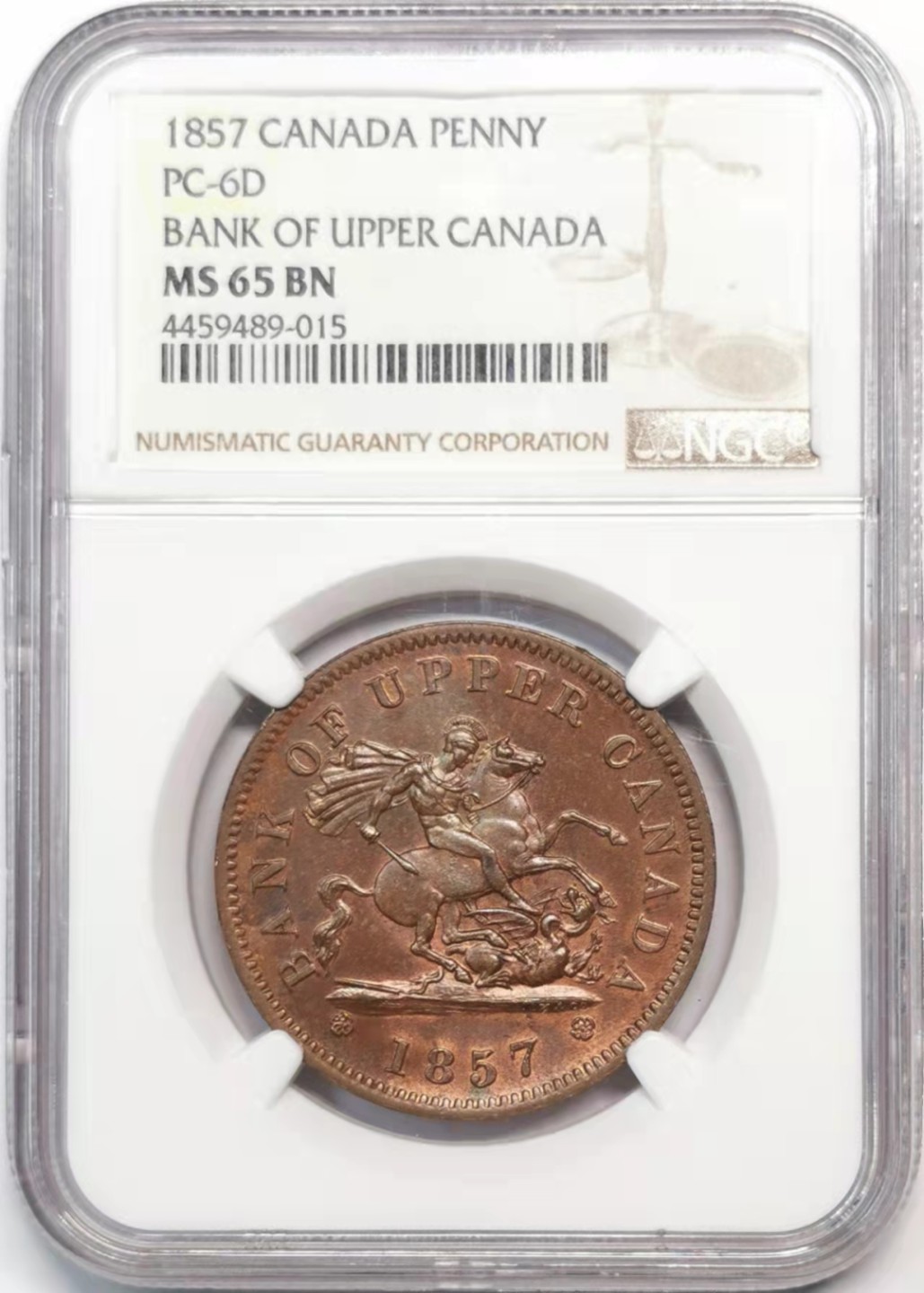 欧罗巴与亚细亚的春天奏鸣曲—凡希社世界钱币微拍第一百九十期 1857上加拿大银行屠龙便士TKN铜币NGC-MS65收藏级！
