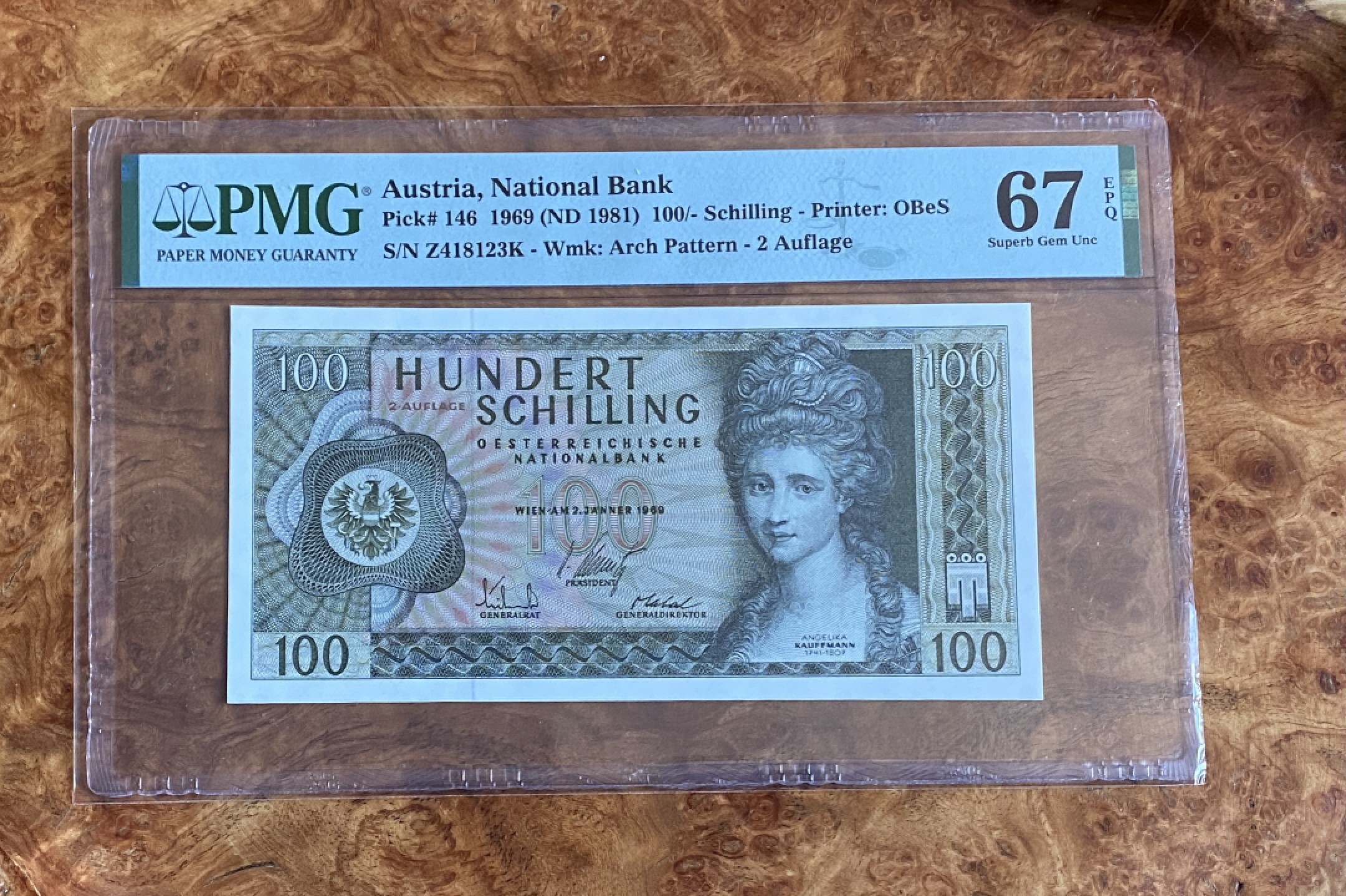 Chase Auction（得物拍卖）第3期 - - 中外纸币、硬币、银币联拍 1969年奥地利100先令，PMG67分，美女考夫曼！