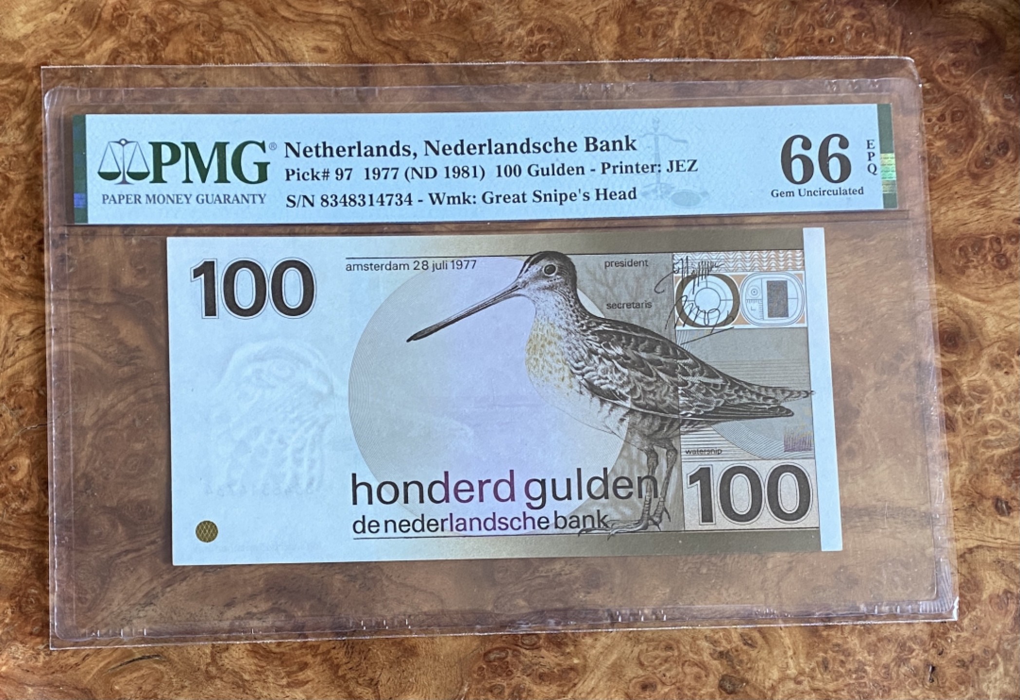 Chase Auction（得物拍卖）第3期 - - 中外纸币、硬币、银币联拍 1977念荷兰100盾，PMG66分，三剑客之一，经典水鸟！