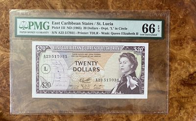 Chase Auction（得物拍卖）第3期 - - 中外纸币、硬币、银币联拍 - 1965年东加勒比20元，PMG66分，戎装女王！圣卢西亚版，相对稀少！