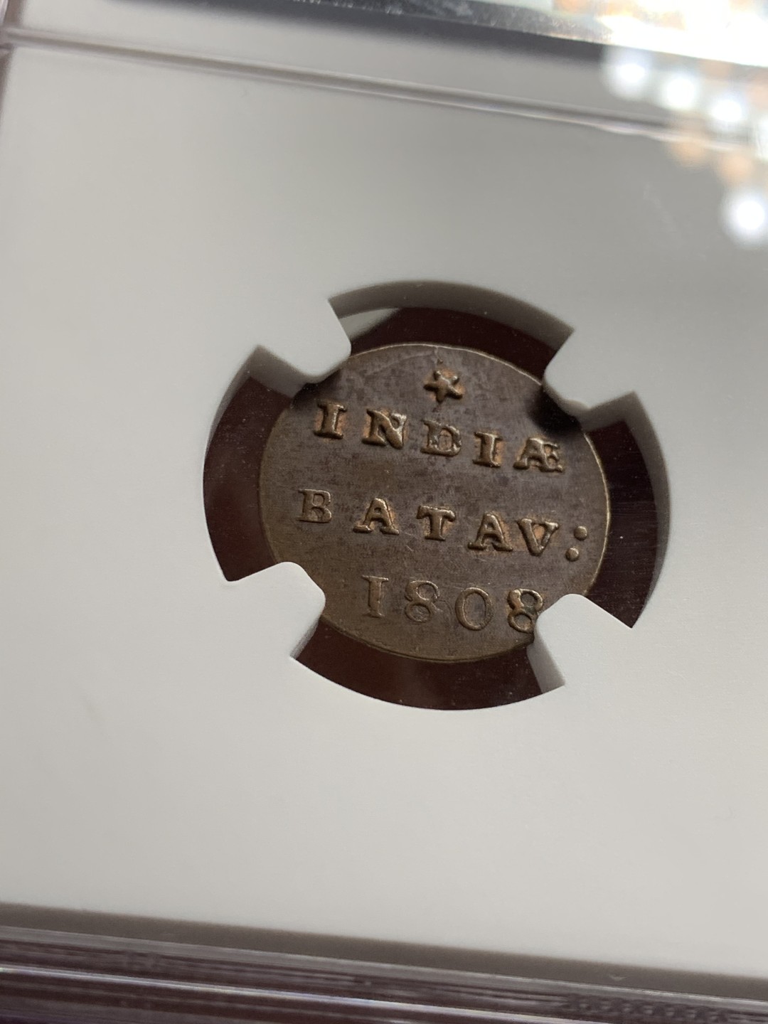 《竞宝斋》第36场-本周日 （全场顺丰包邮） NGC-MS 61BN 荷属东印度1808年1/2 DUIT 铜币