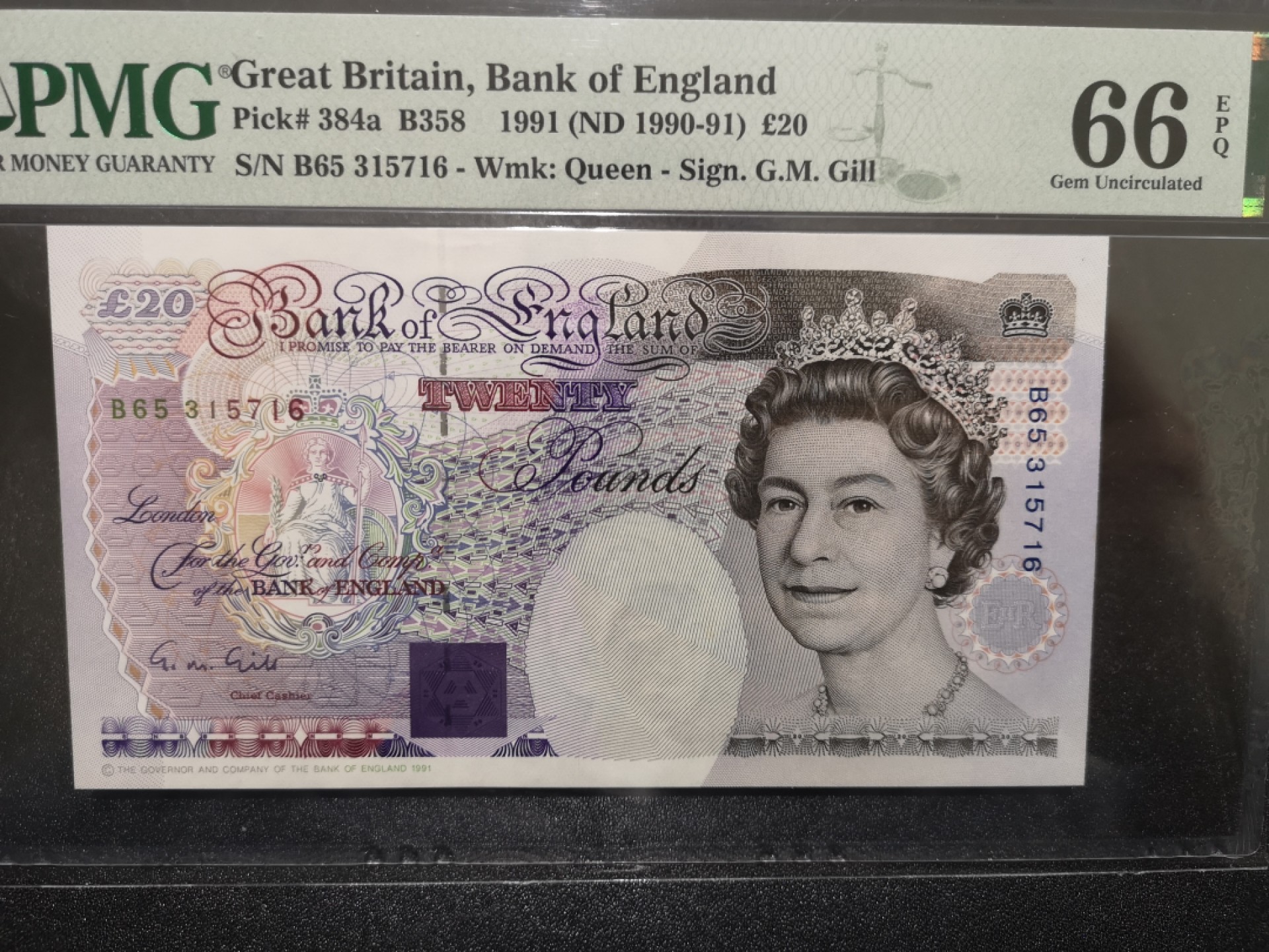 《外钞收藏家》第一百六十九期拍卖（本期65件） 1991年英国E序列20镑 PMG66