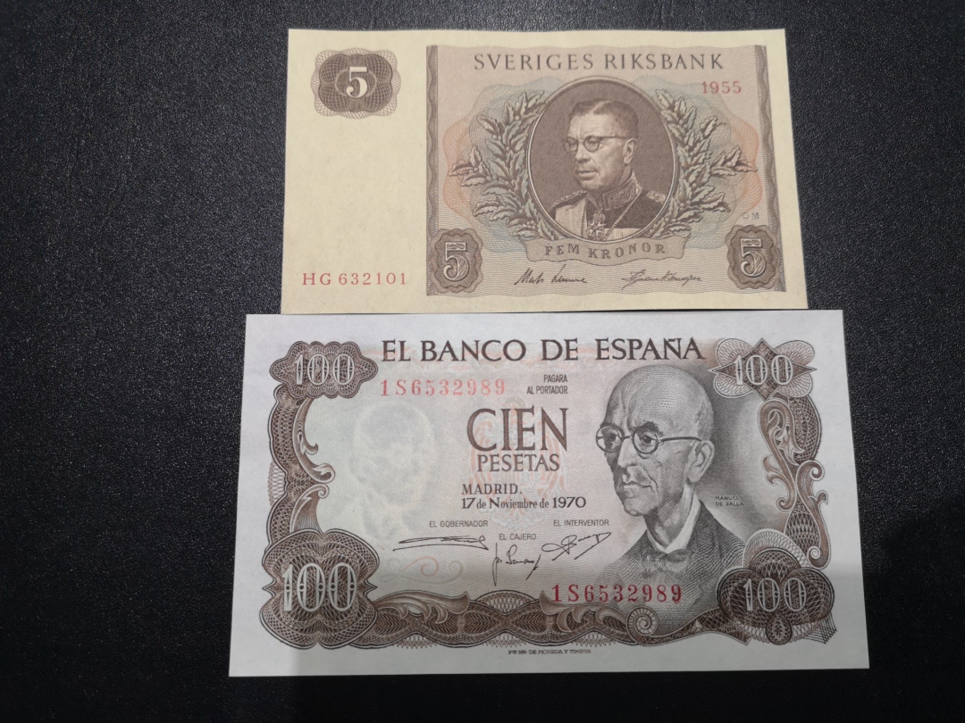 《外钞收藏家》第一百六十九期拍卖（本期65件） 1955年瑞典5克朗、1970年西班牙100克朗 全新UNC 无47