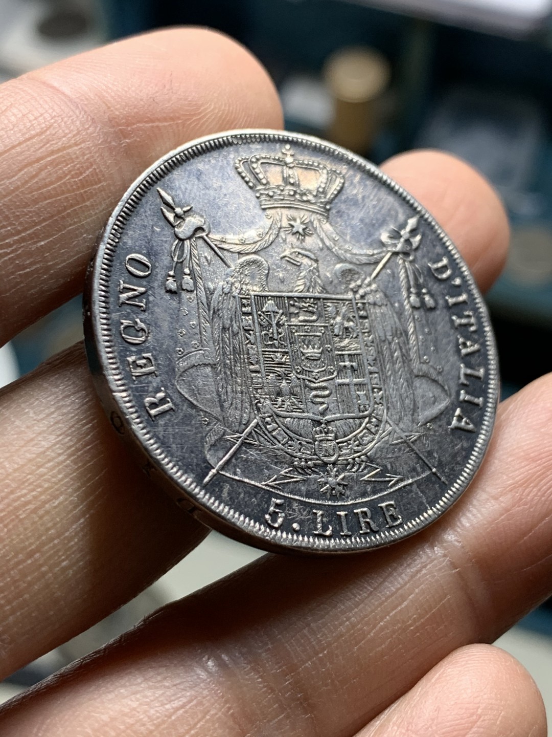 《竞宝斋》第36场-本周日 （全场顺丰包邮） 1812年 拿破仑一世 法占意大利5里拉银币    稀少au好品相   