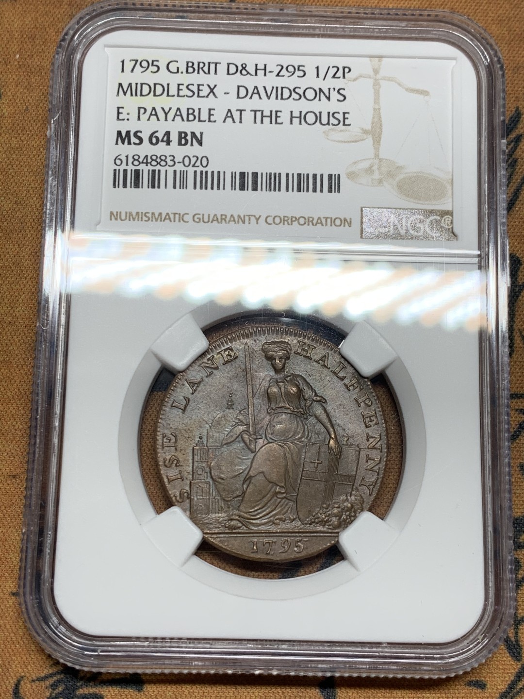 《竞宝斋》第36场-本周日 （全场顺丰包邮） NGC-MS64BN英国兰利1795年半便士代币 高分原铜光