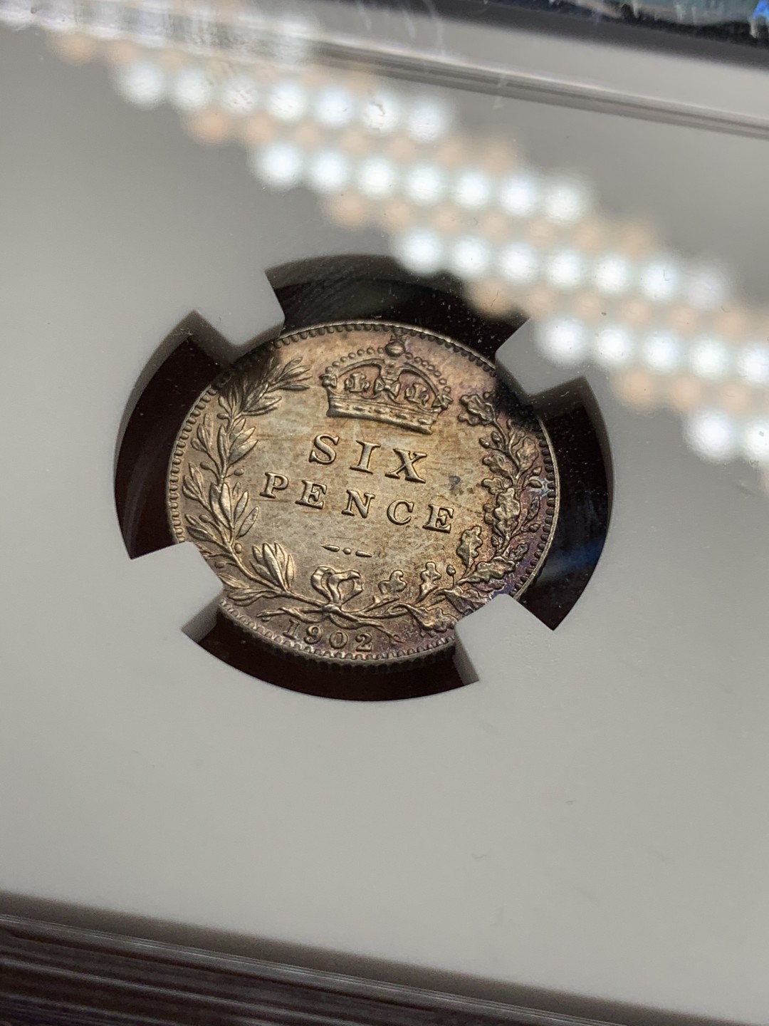 《竞宝斋》第36场-本周日 （全场顺丰包邮） 英国1902年爱七Matte6便士NGC-PF62Matte 品相好 Matte6便士少⻅