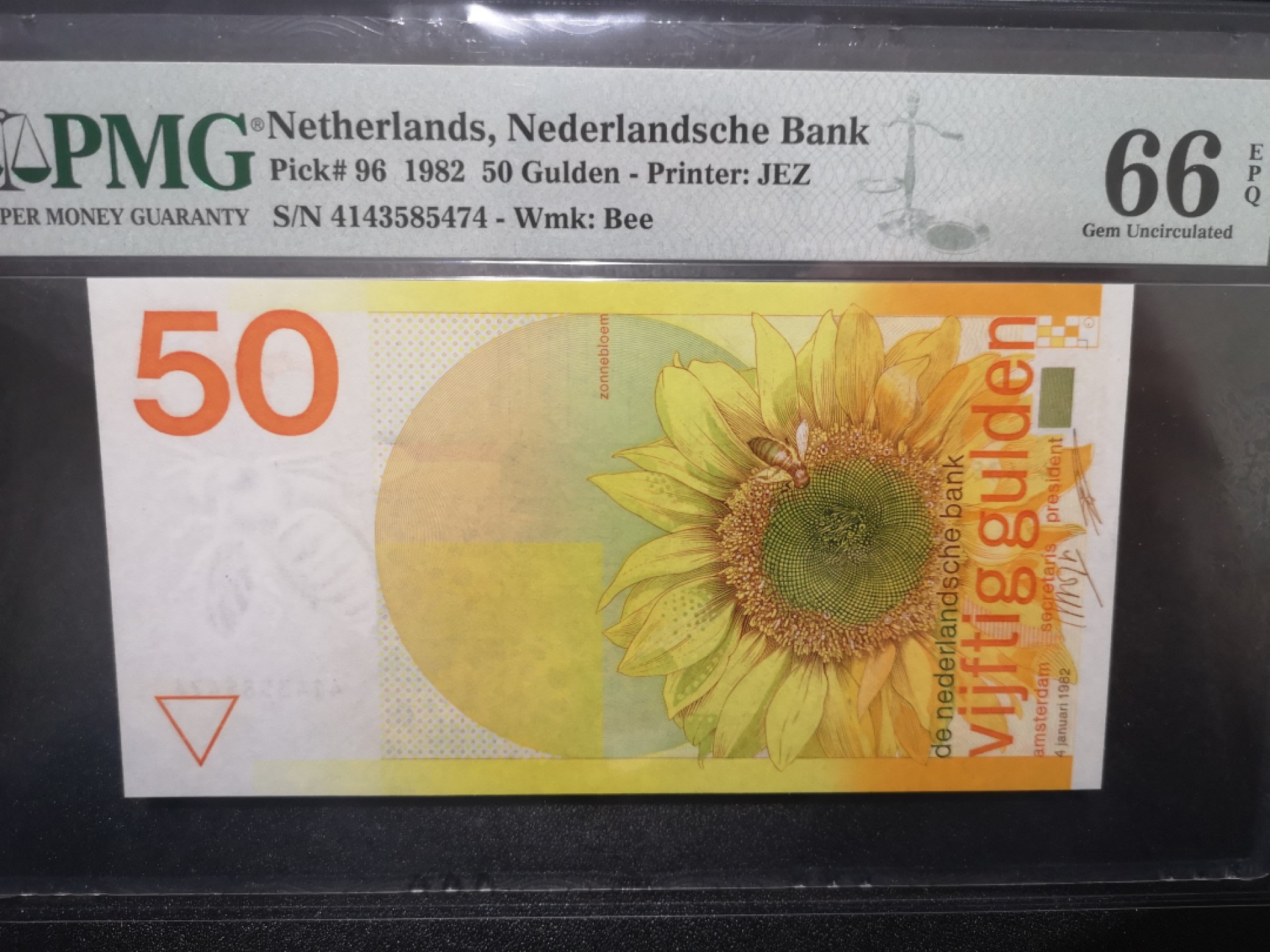 《外钞收藏家》第一百六十九期拍卖（本期65件） 1982年荷兰50盾 PMG66 向日葵