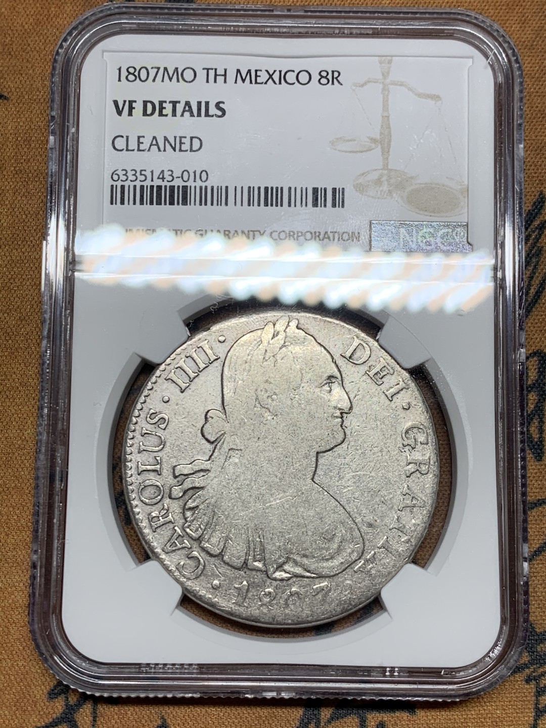 《竞宝斋》第36场-本周日 （全场顺丰包邮） NGC评级 墨西哥 1807年 卡四 8R 双柱 银币 自然磨损 原味