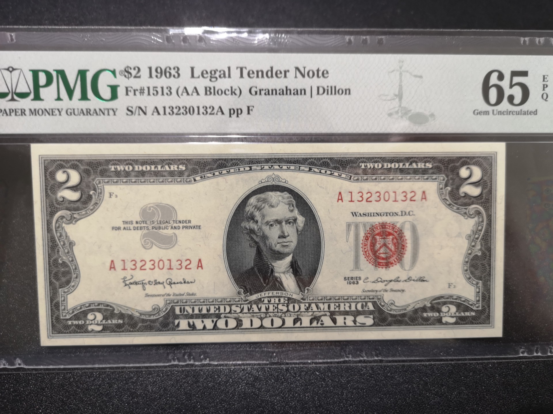 《外钞收藏家》第一百六十九期拍卖（本期65件） 1963年2美元 红库印 无47 PMG65 （与上一张连号）