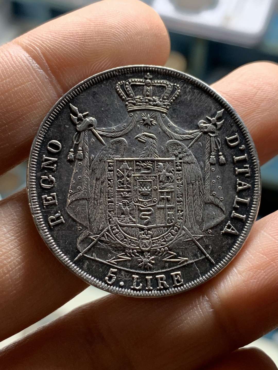 《竞宝斋》第36场-本周日 （全场顺丰包邮） 1812年 拿破仑一世 法占意大利5里拉银币    稀少au好品相   