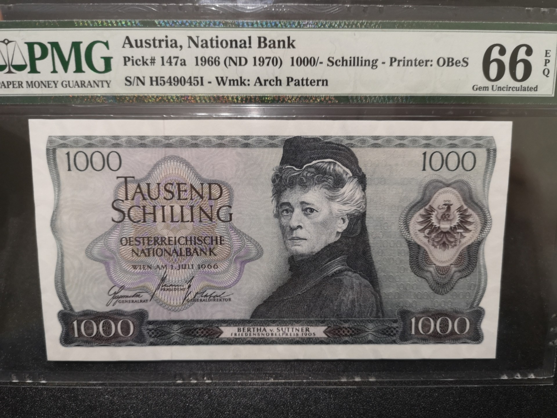 《外钞收藏家》第一百六十九期拍卖（本期65件） 1966年奥地利1000先令 PMG66
