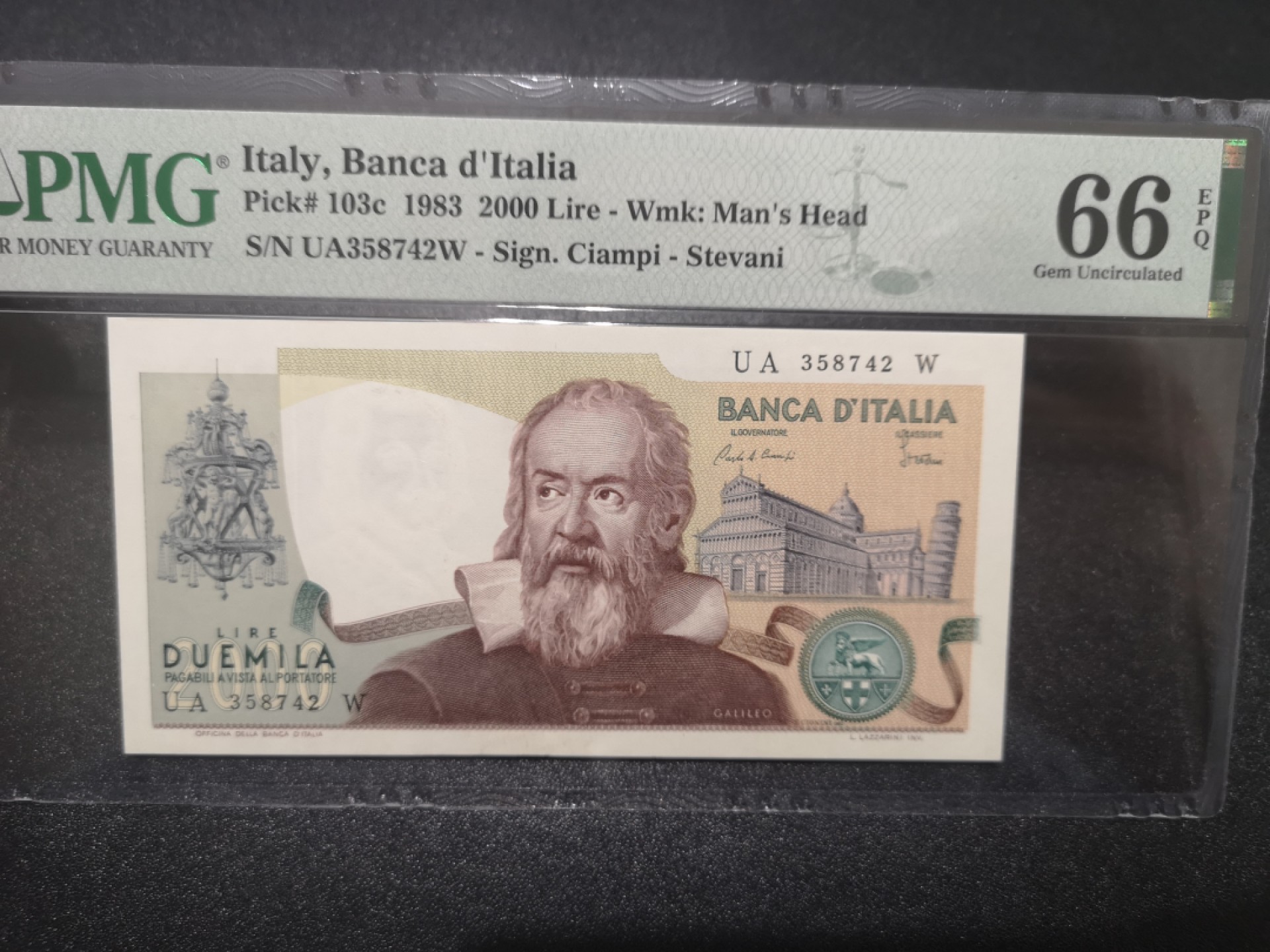 《外钞收藏家》第一百六十九期拍卖（本期65件） 1983年意大利2000里拉 PMG66
