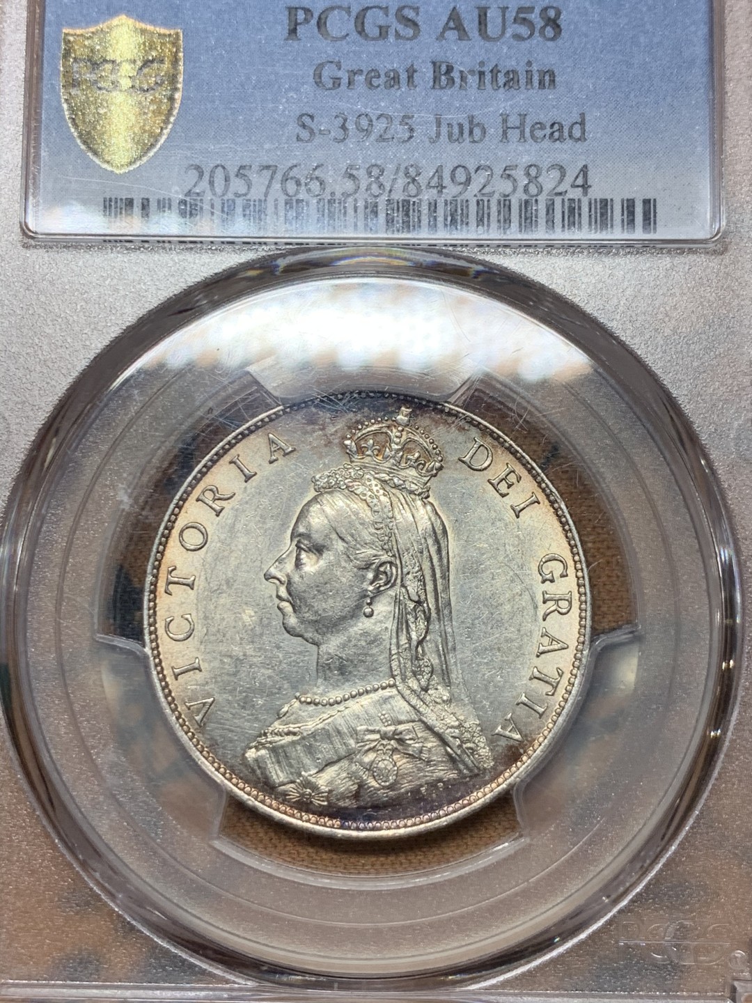 《竞宝斋》第36场-本周日 （全场顺丰包邮） PCGS-AU58 英国1887年维多利亚高冠弗洛林 品相极好 严重低评