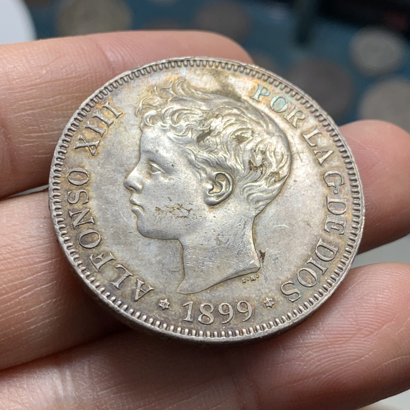 《竞宝斋》第37场-周日 首场自动拍卖 2件或者满200包顺丰 西班牙1899年阿方索十三世5比塞塔双柱银币 好品酱彩 稀少年份